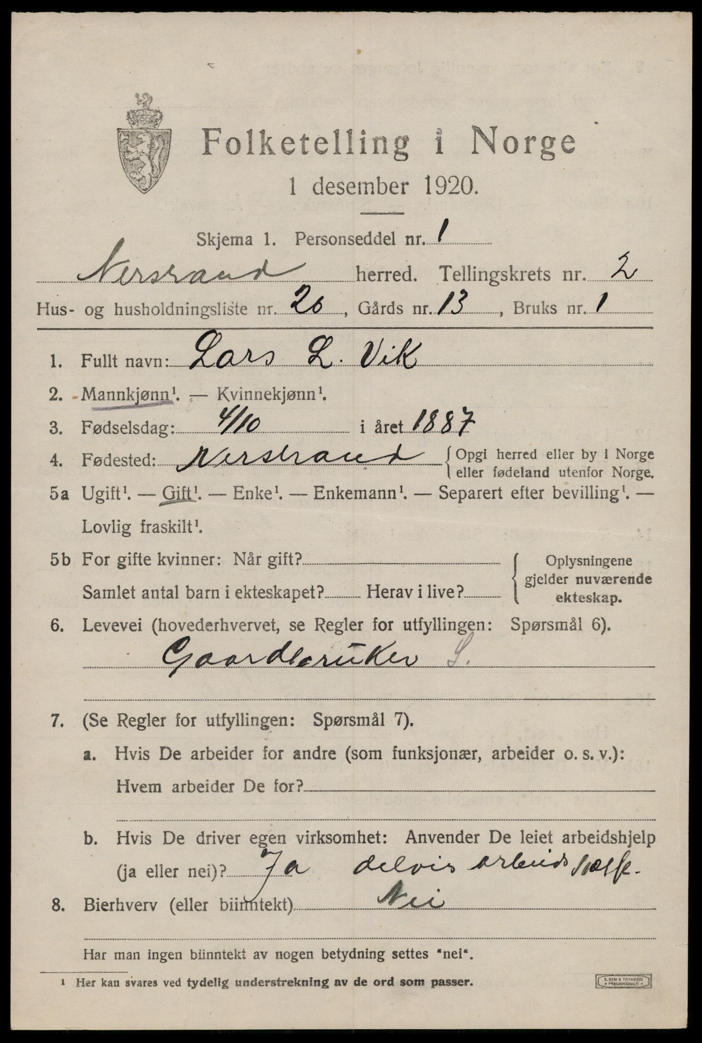 SAST, 1920 census for Nedstrand, 1920, p. 1185