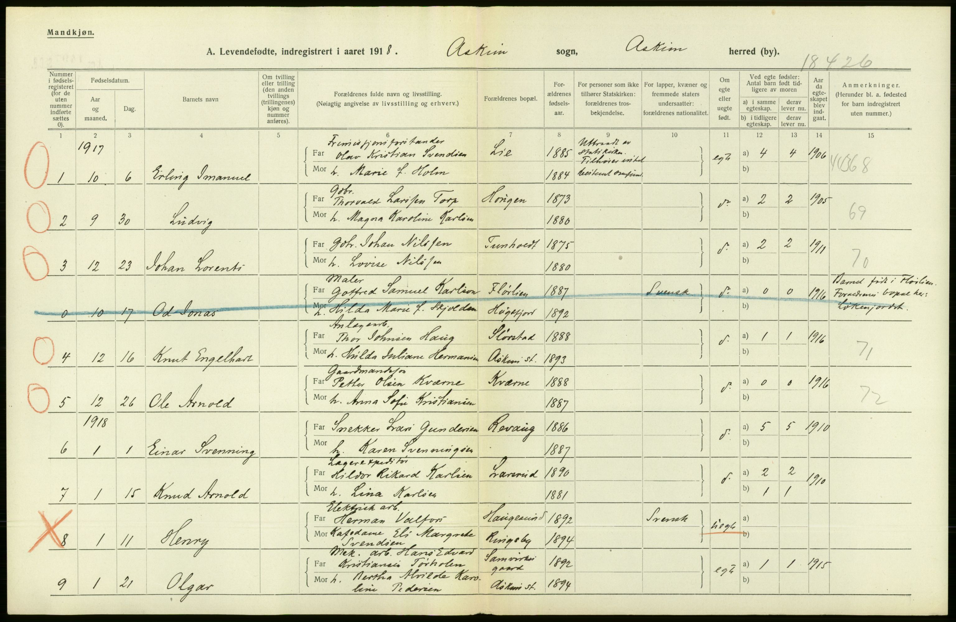 Statistisk sentralbyrå, Sosiodemografiske emner, Befolkning, RA/S-2228/D/Df/Dfb/Dfbh/L0001: Østfold fylke: Levendefødte menn og kvinner. Bygder., 1918, p. 138