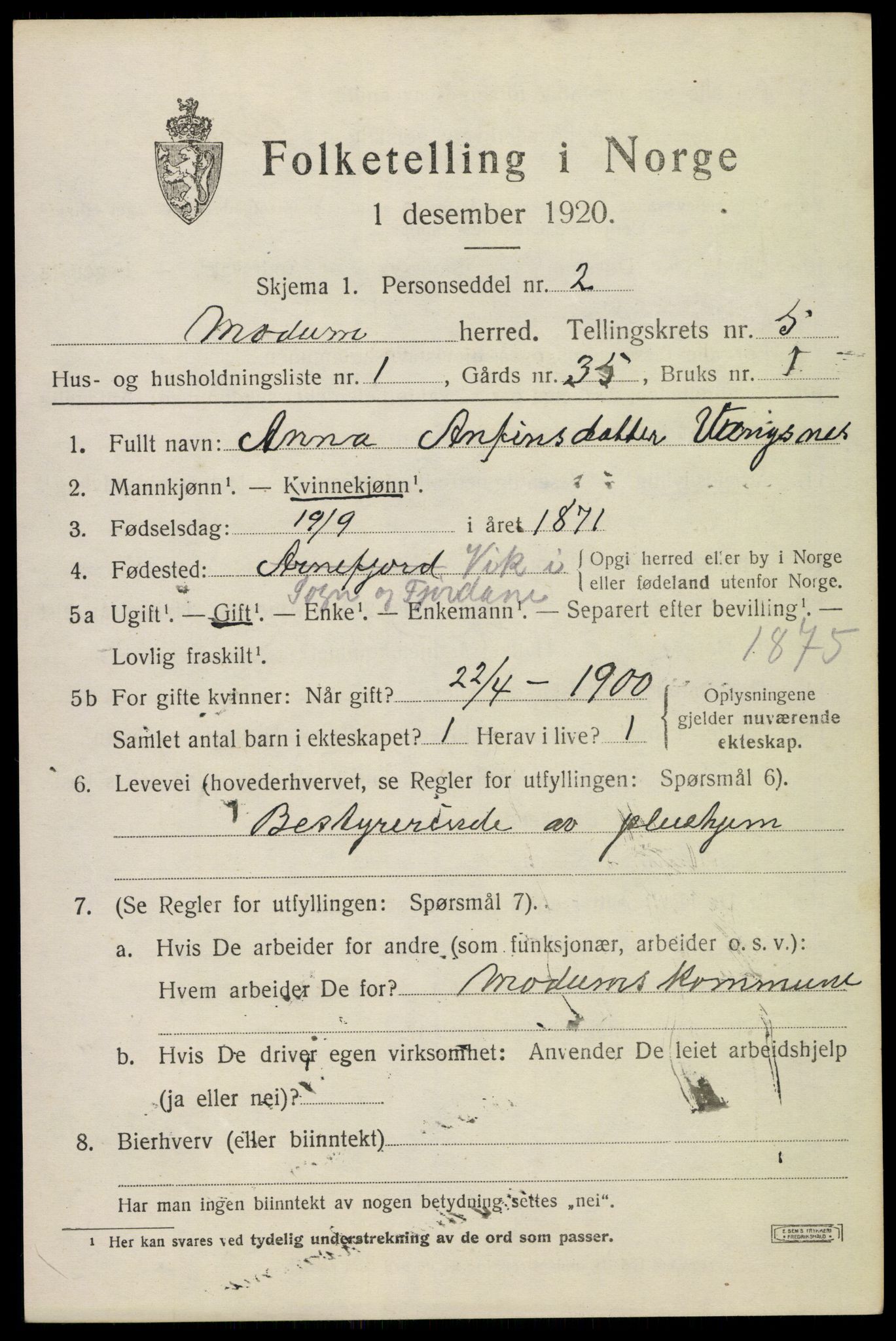 SAKO, 1920 census for Modum, 1920, p. 6463