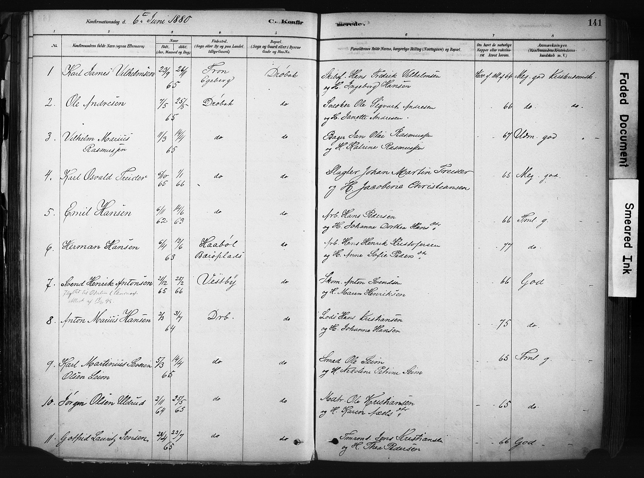 Drøbak prestekontor Kirkebøker, AV/SAO-A-10142a/F/Fb/L0001: Parish register (official) no. II 1, 1878-1891, p. 141