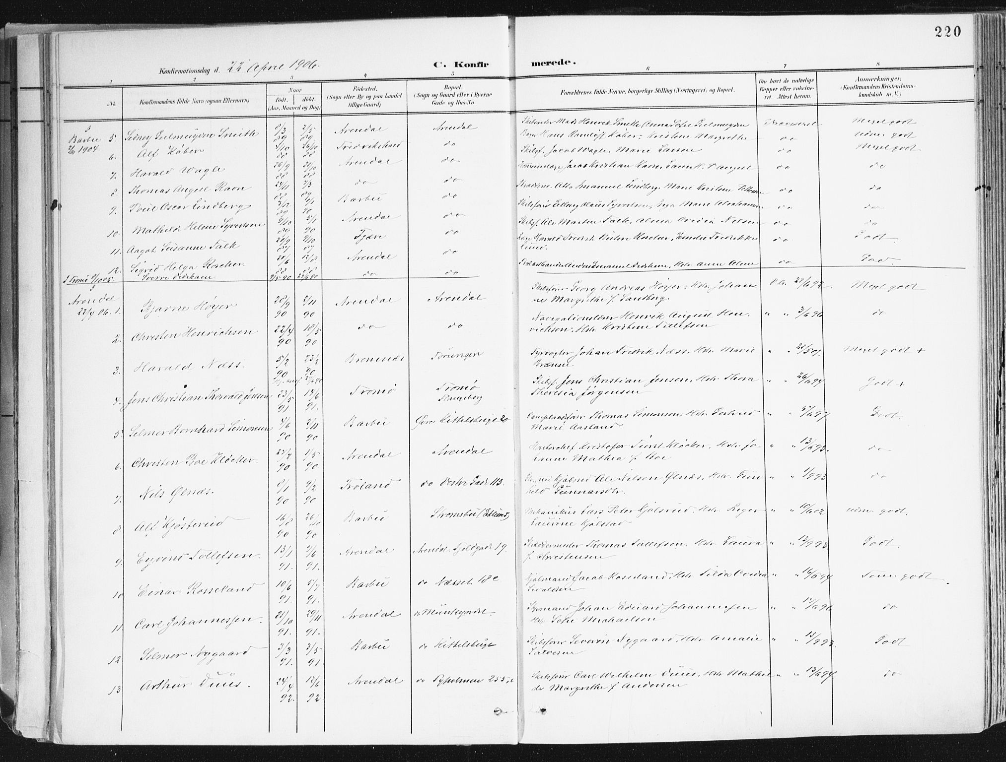 Arendal sokneprestkontor, Trefoldighet, SAK/1111-0040/F/Fa/L0010: Parish register (official) no. A 10, 1900-1919, p. 220