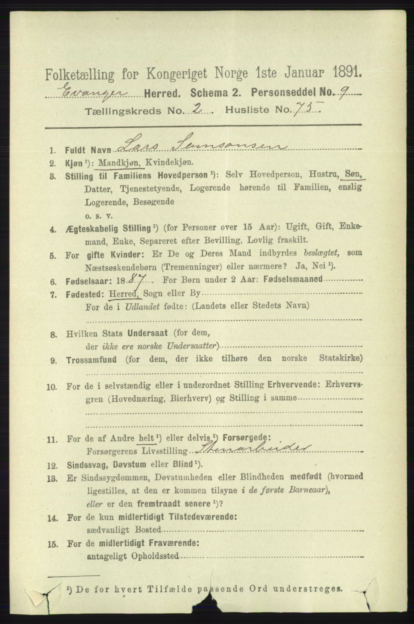 RA, 1891 census for 1237 Evanger, 1891, p. 806