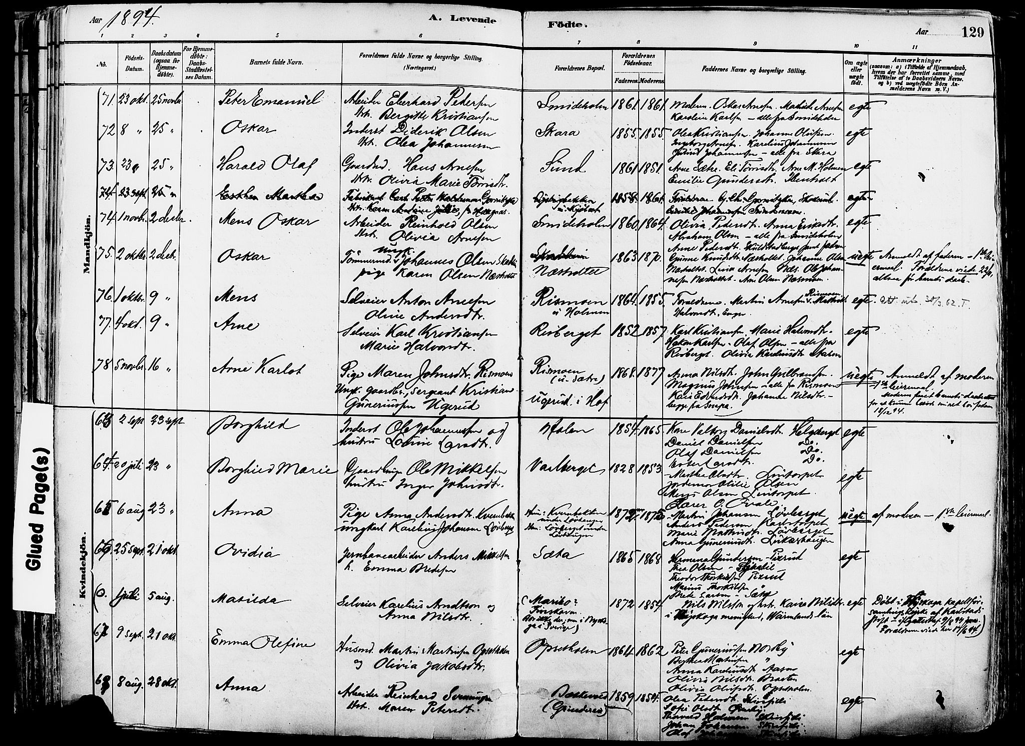 Grue prestekontor, AV/SAH-PREST-036/H/Ha/Haa/L0012: Parish register (official) no. 12, 1881-1897, p. 129