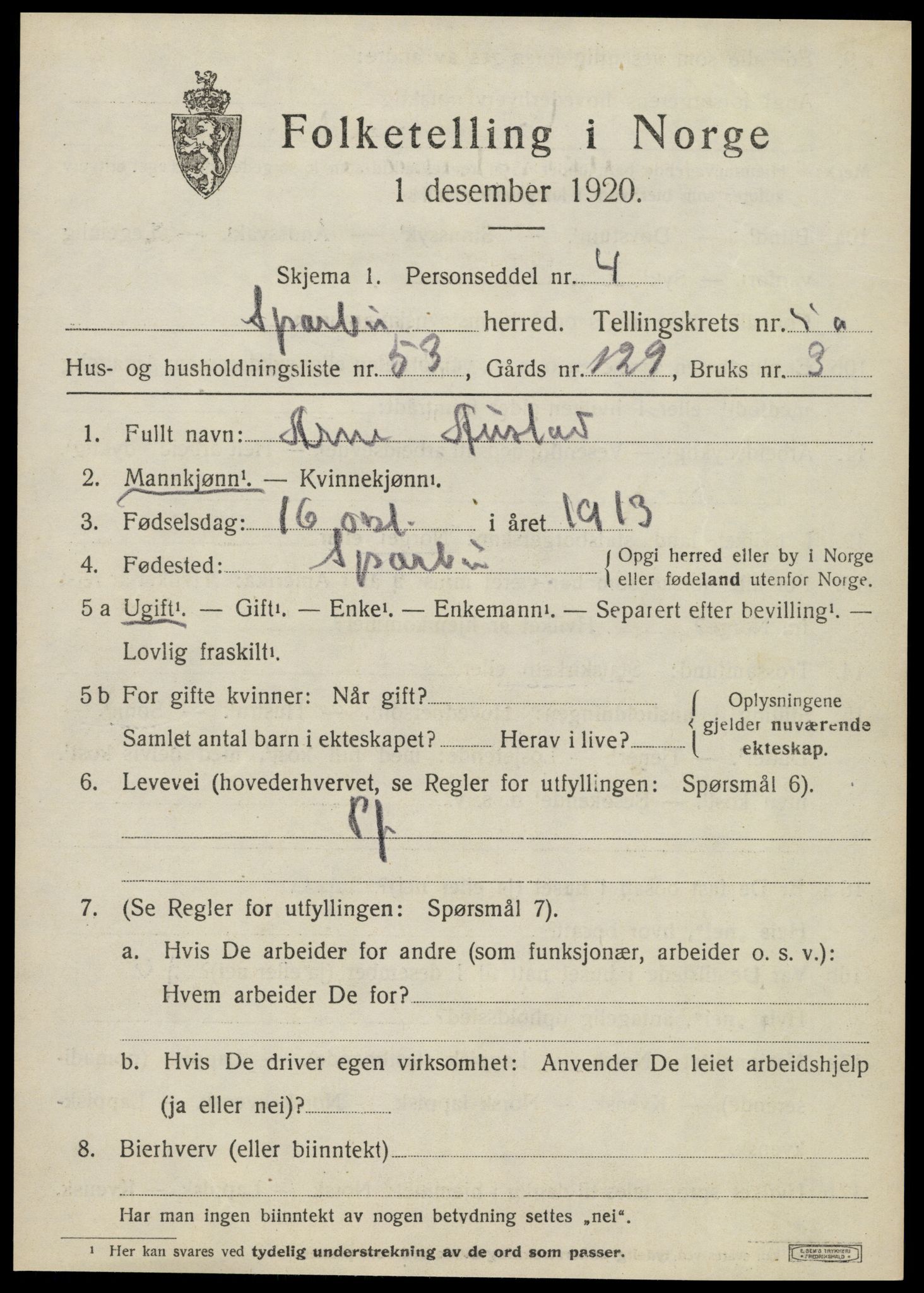 SAT, 1920 census for Sparbu, 1920, p. 6801