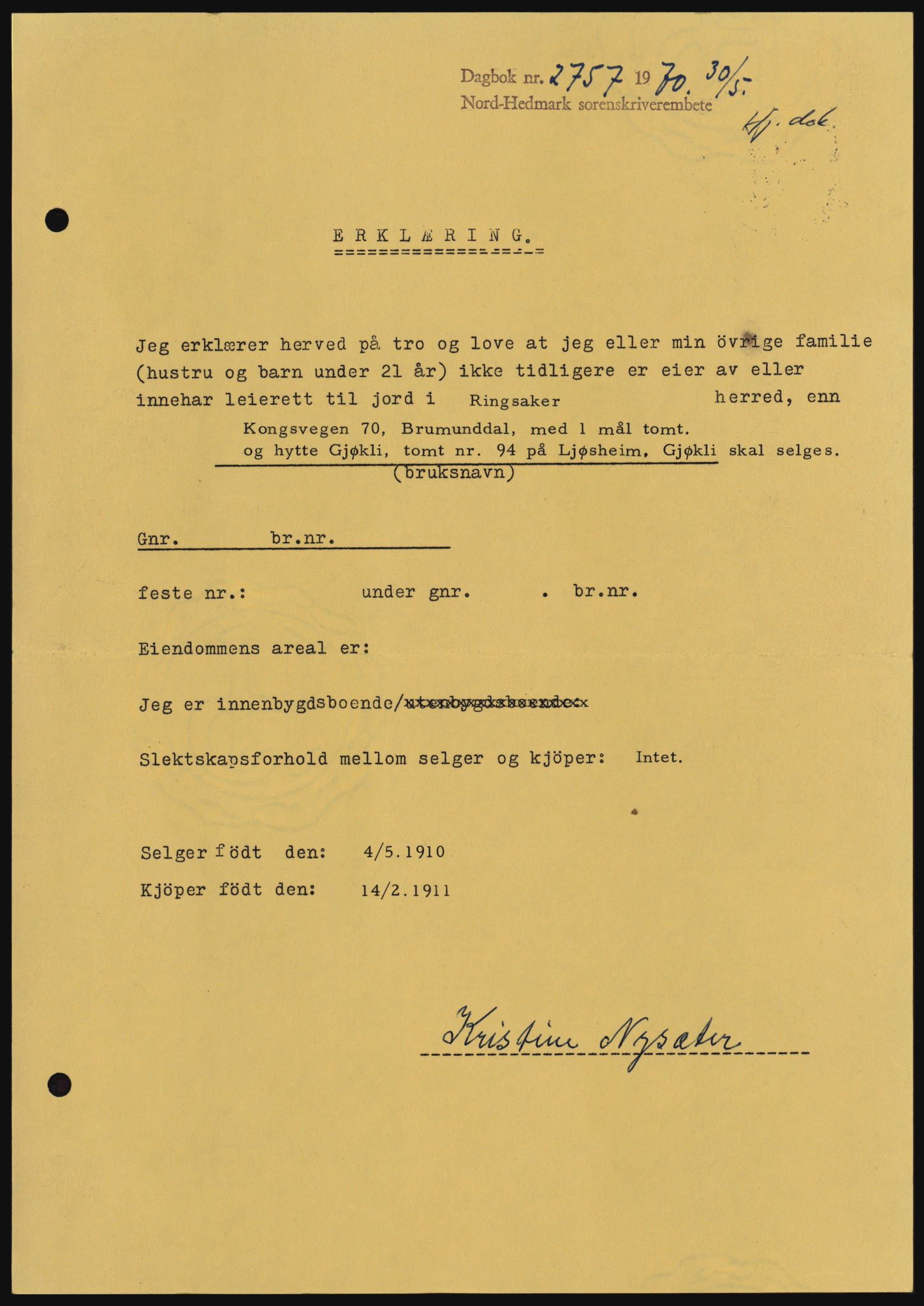 Nord-Hedmark sorenskriveri, SAH/TING-012/H/Hc/L0033: Mortgage book no. 33, 1970-1970, Diary no: : 2757/1970