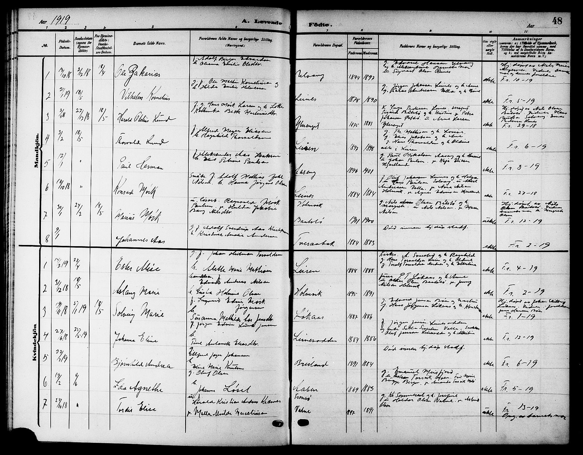 Ministerialprotokoller, klokkerbøker og fødselsregistre - Nordland, AV/SAT-A-1459/832/L0494: Parish register (copy) no. 832C01, 1906-1922, p. 48