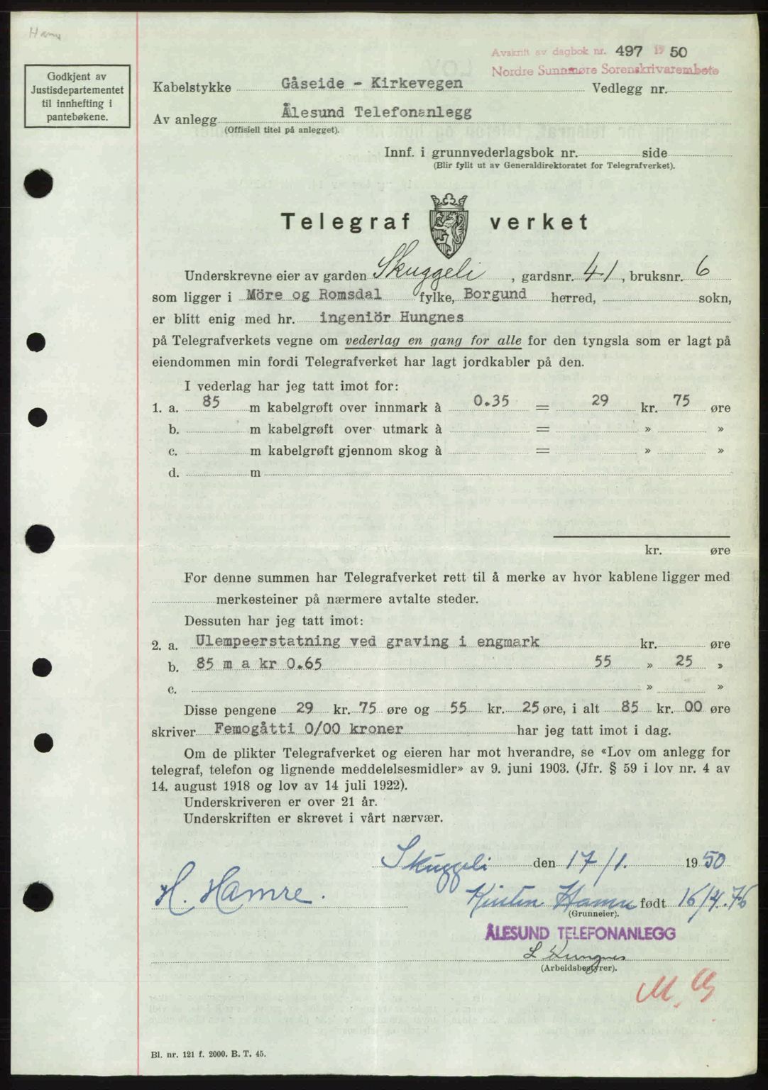 Nordre Sunnmøre sorenskriveri, AV/SAT-A-0006/1/2/2C/2Ca: Mortgage book no. A33, 1949-1950, Diary no: : 497/1950