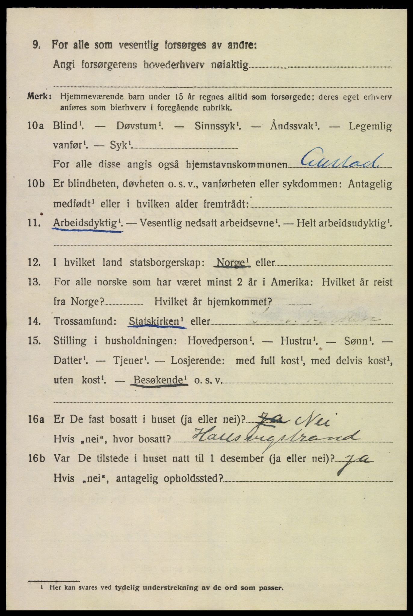 SAK, 1920 census for Austad, 1920, p. 1398