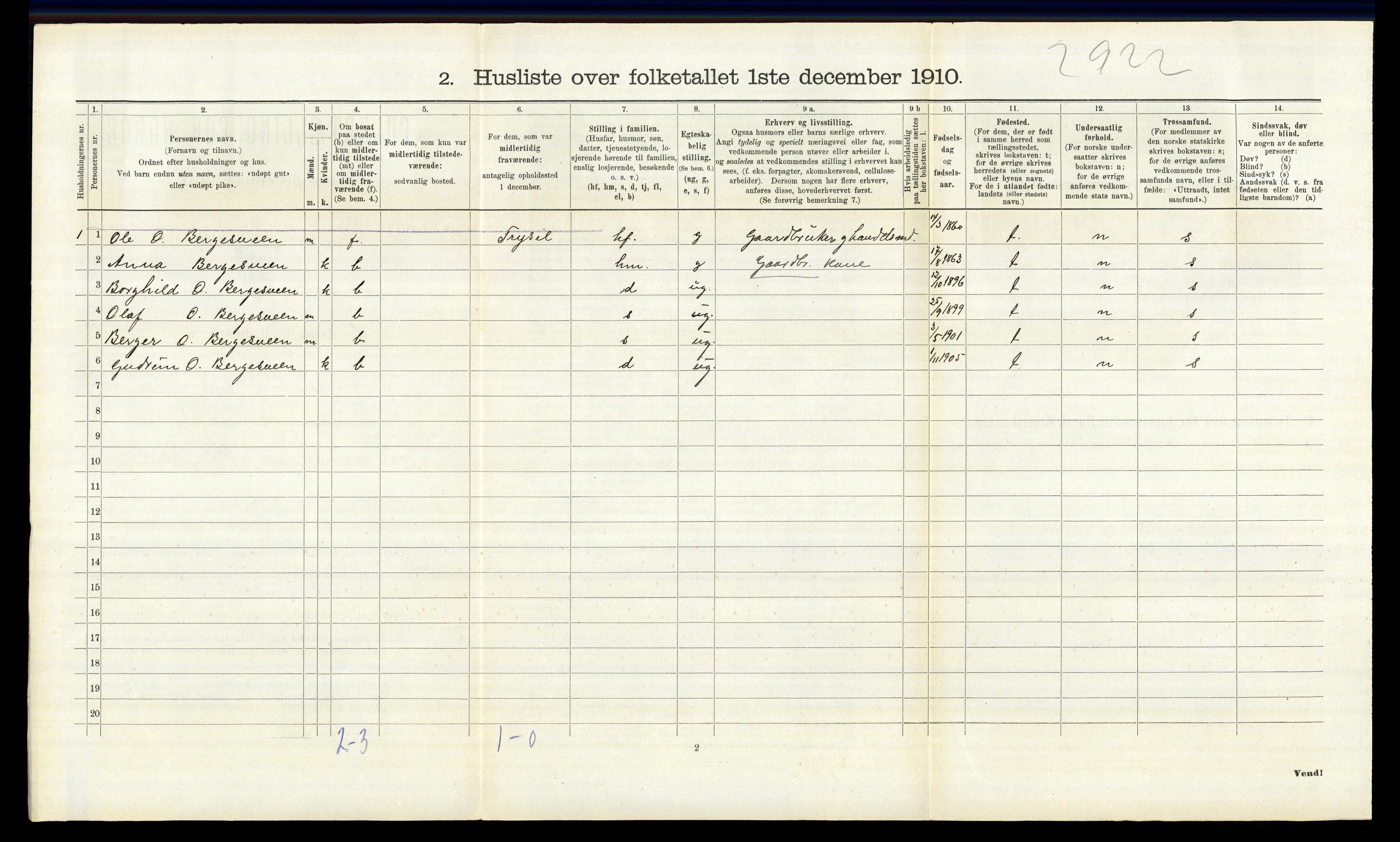 RA, 1910 census for Fåberg, 1910, p. 1087