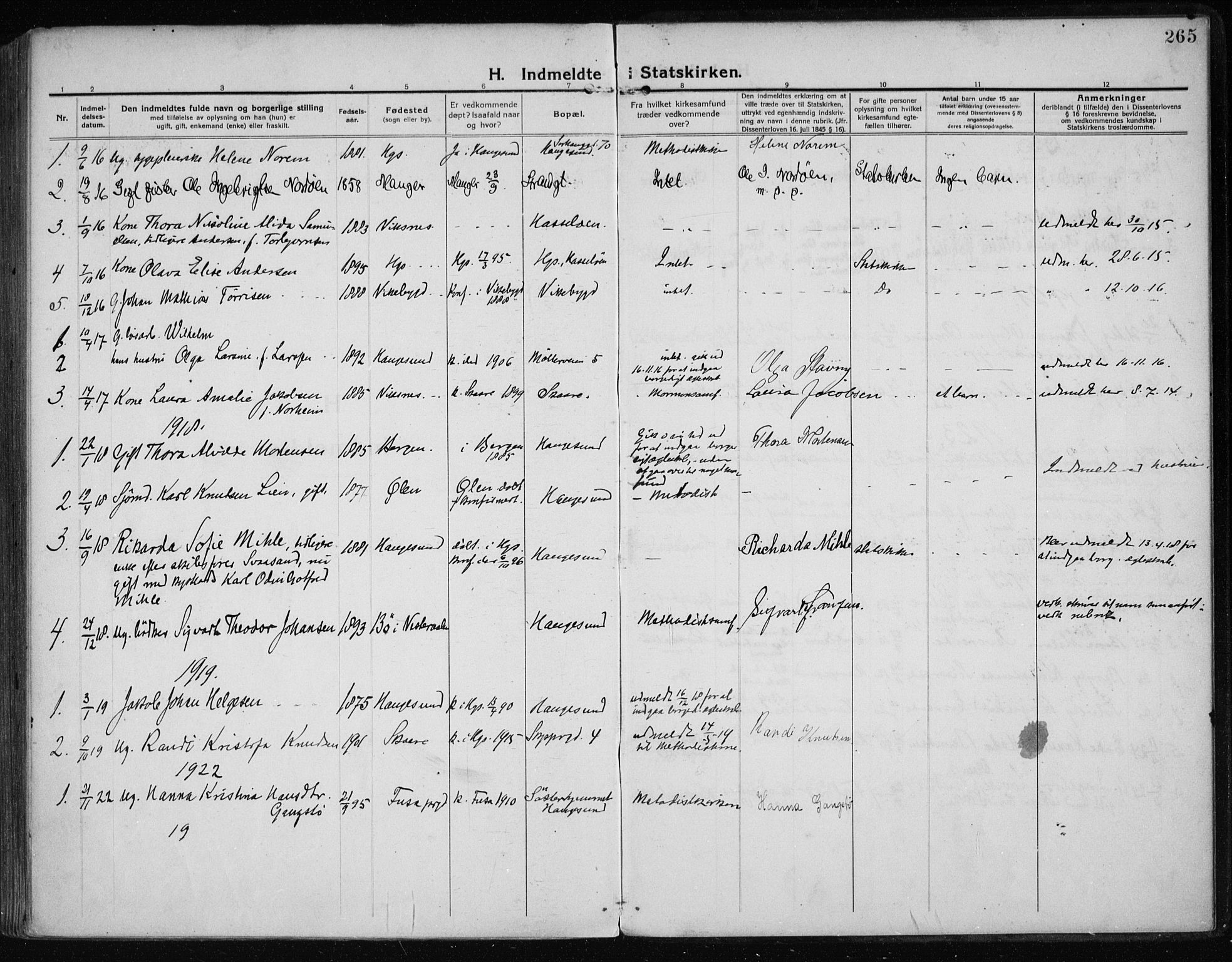 Haugesund sokneprestkontor, SAST/A -101863/H/Ha/Haa/L0009: Parish register (official) no. A 9, 1914-1929, p. 265