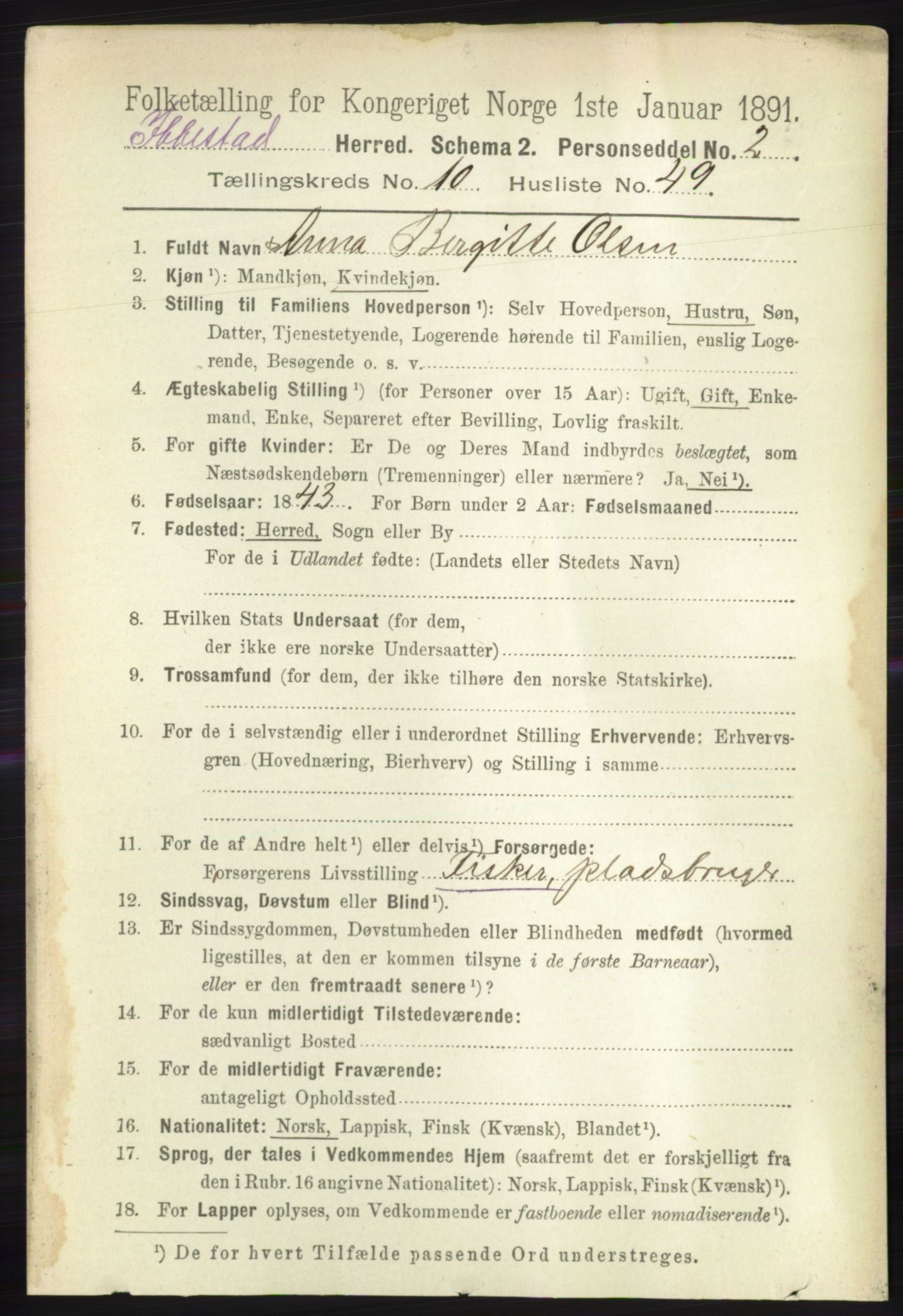 RA, 1891 census for 1917 Ibestad, 1891, p. 7183