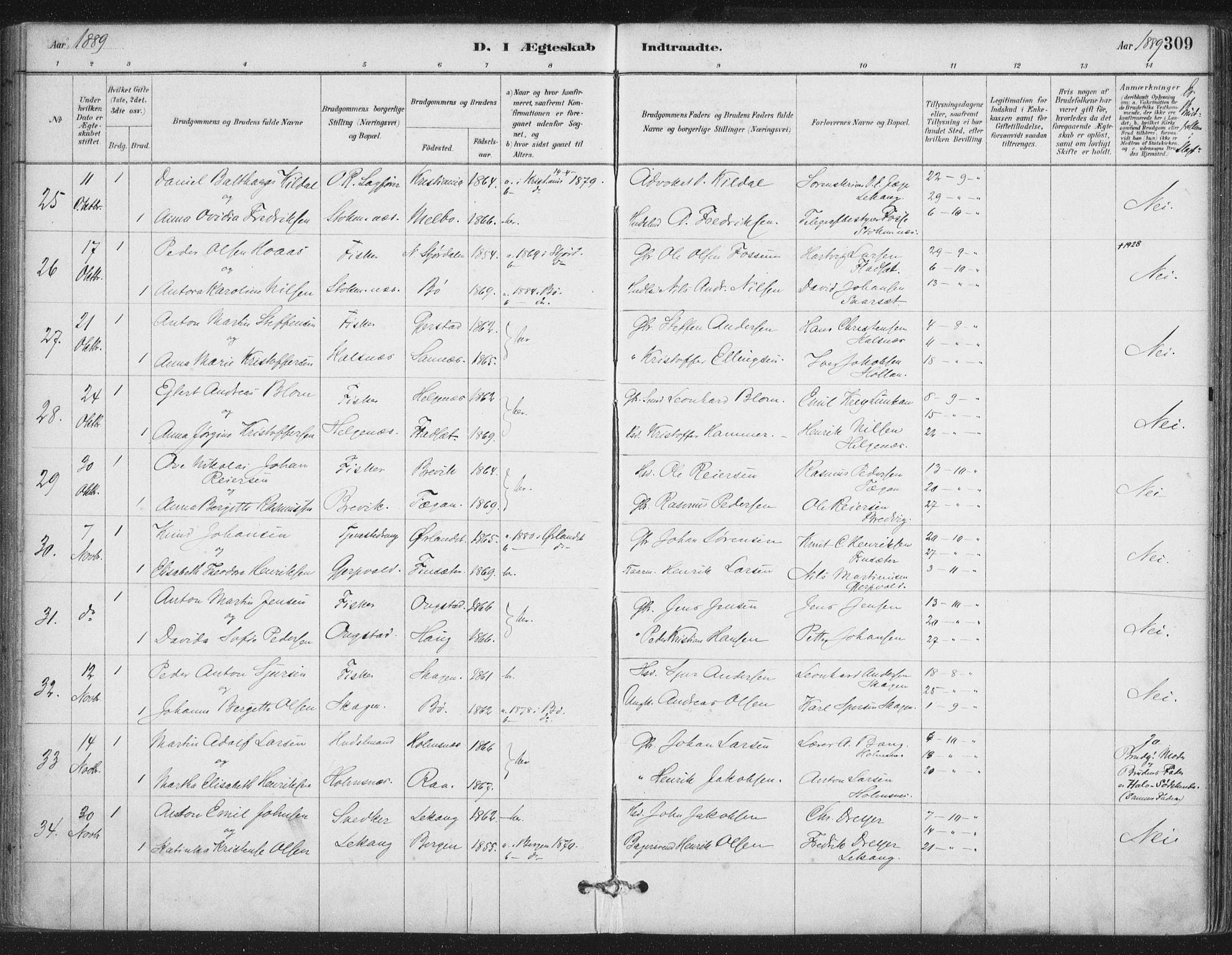 Ministerialprotokoller, klokkerbøker og fødselsregistre - Nordland, AV/SAT-A-1459/888/L1244: Parish register (official) no. 888A10, 1880-1890, p. 309