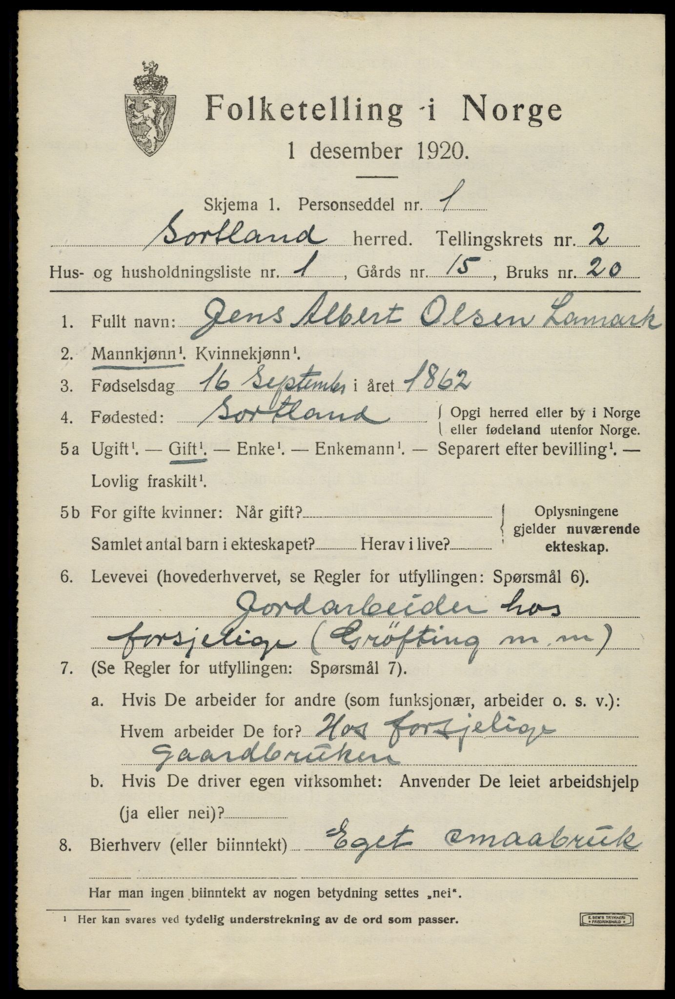 SAT, 1920 census for Sortland, 1920, p. 2770