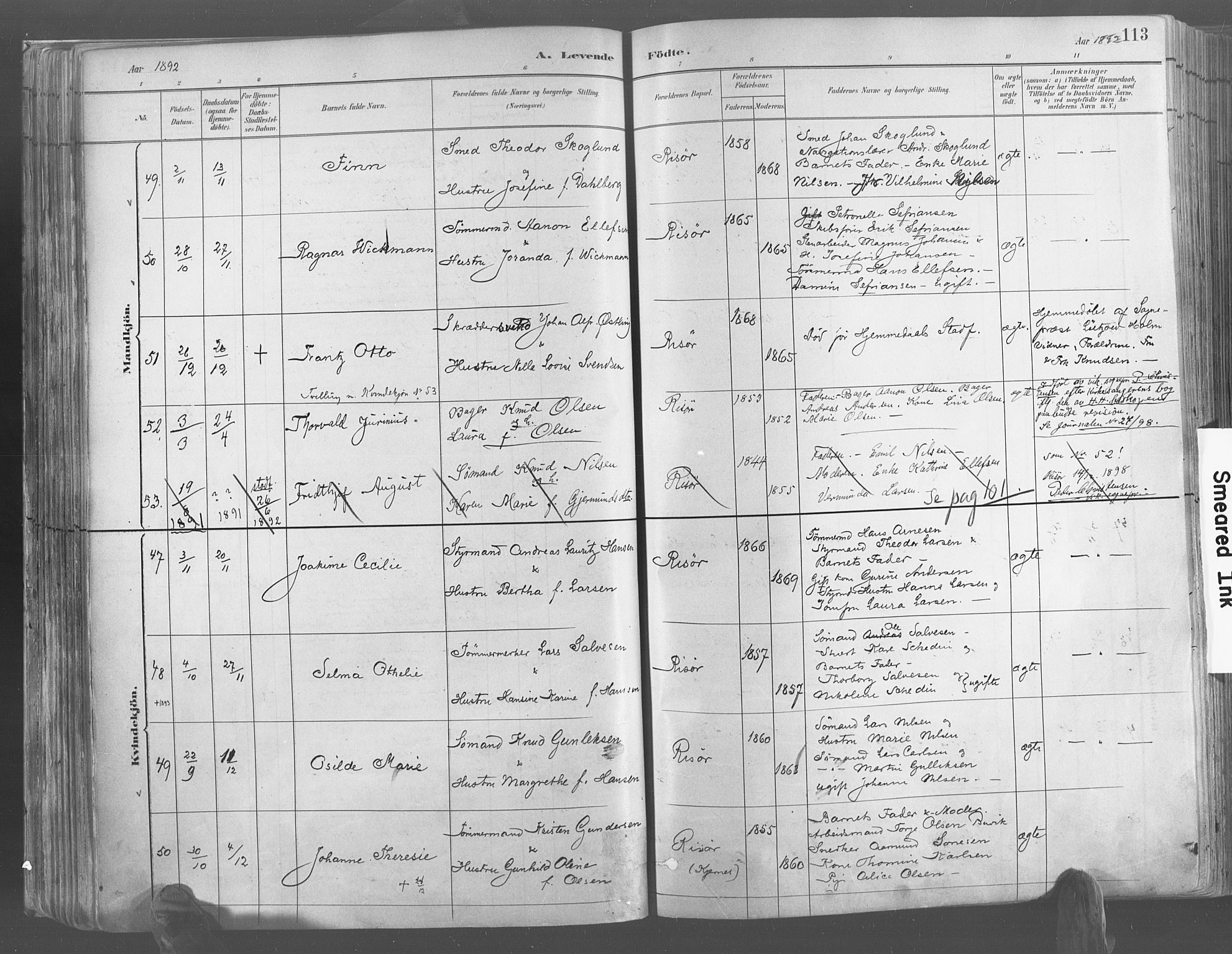 Risør sokneprestkontor, AV/SAK-1111-0035/F/Fa/L0005: Parish register (official) no. A 5, 1883-1895, p. 113