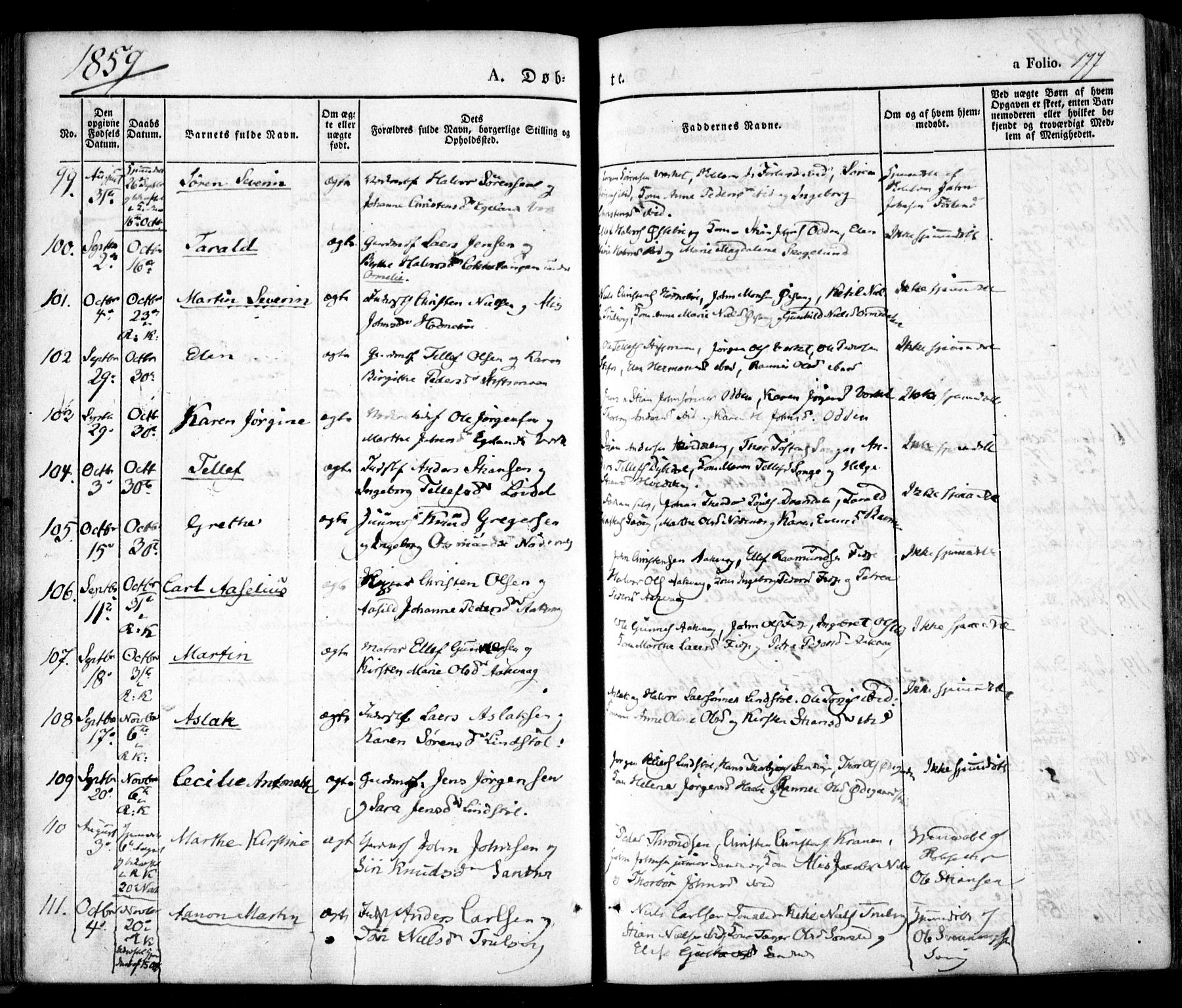 Søndeled sokneprestkontor, SAK/1111-0038/F/Fa/L0002: Parish register (official) no. A 2, 1839-1860, p. 177