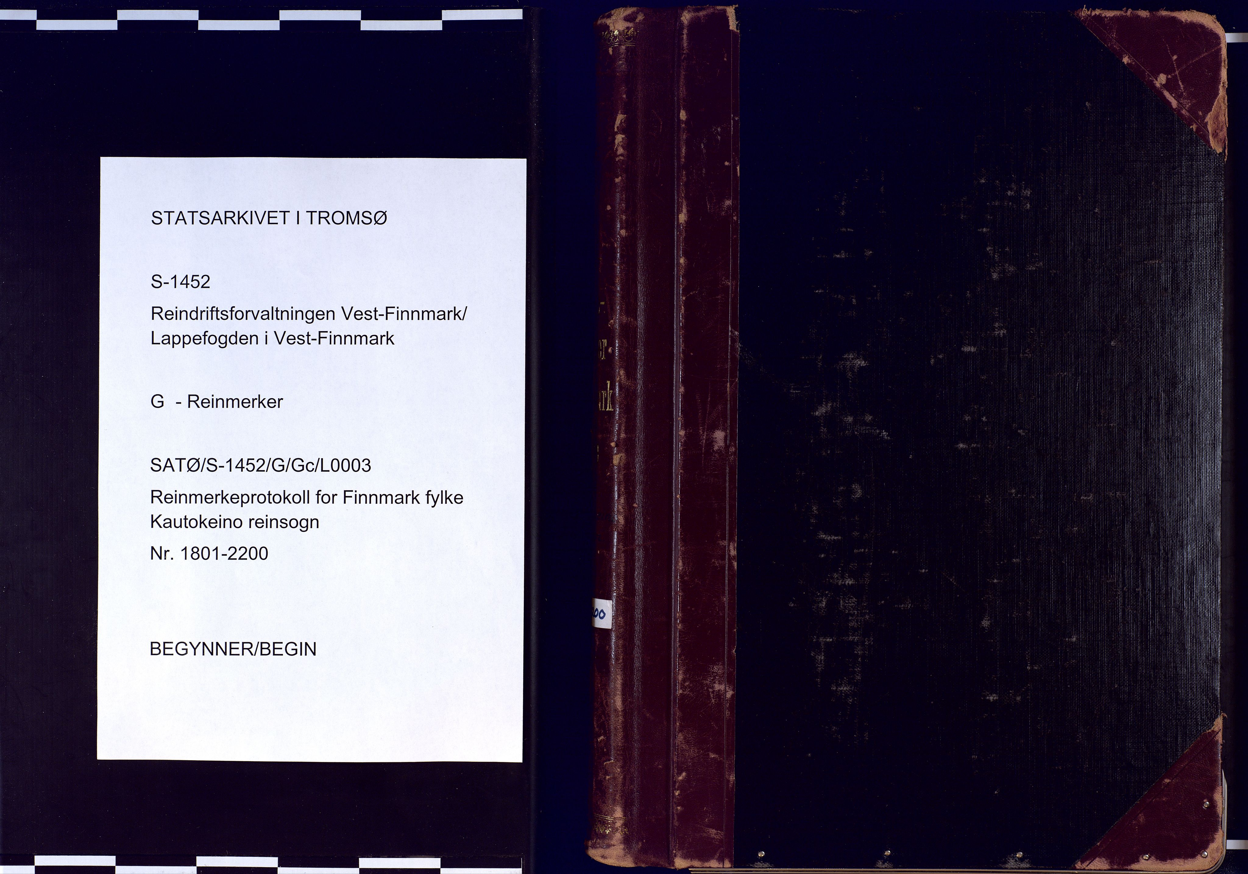 Reindriftsforvaltningen Vest-Finnmark, AV/SATØ-S-1452/G/Ga/L0003: Reinmerkeprotokoll for Finnmark fylke - Kautokeino reinsogn nr. 1801-2200, 1949-2009