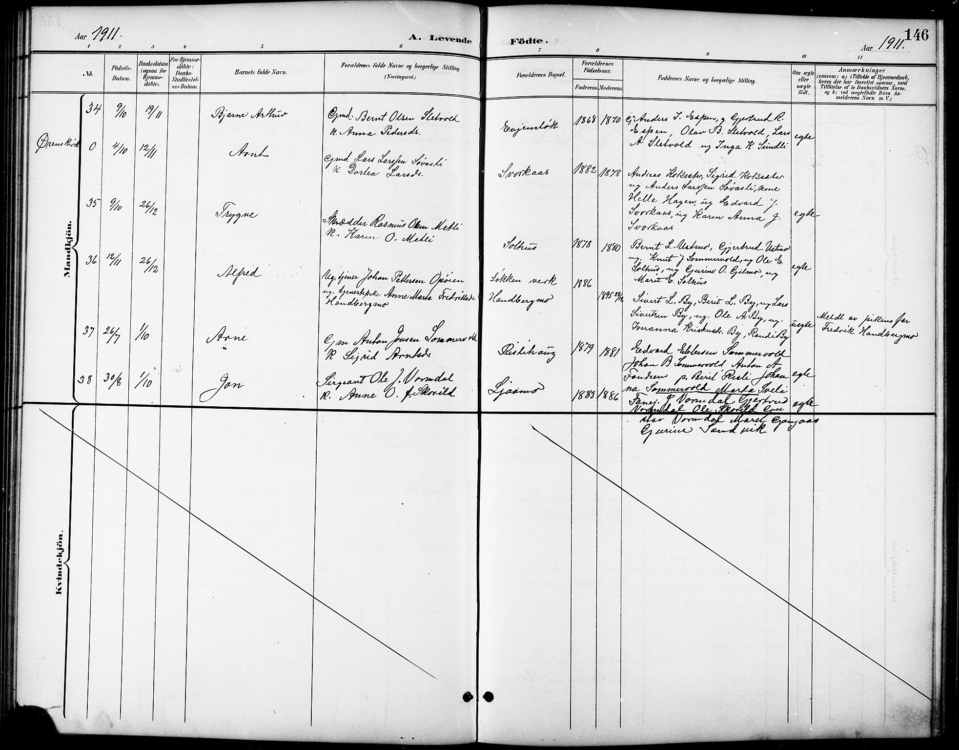 Ministerialprotokoller, klokkerbøker og fødselsregistre - Sør-Trøndelag, SAT/A-1456/668/L0819: Parish register (copy) no. 668C08, 1899-1912, p. 146