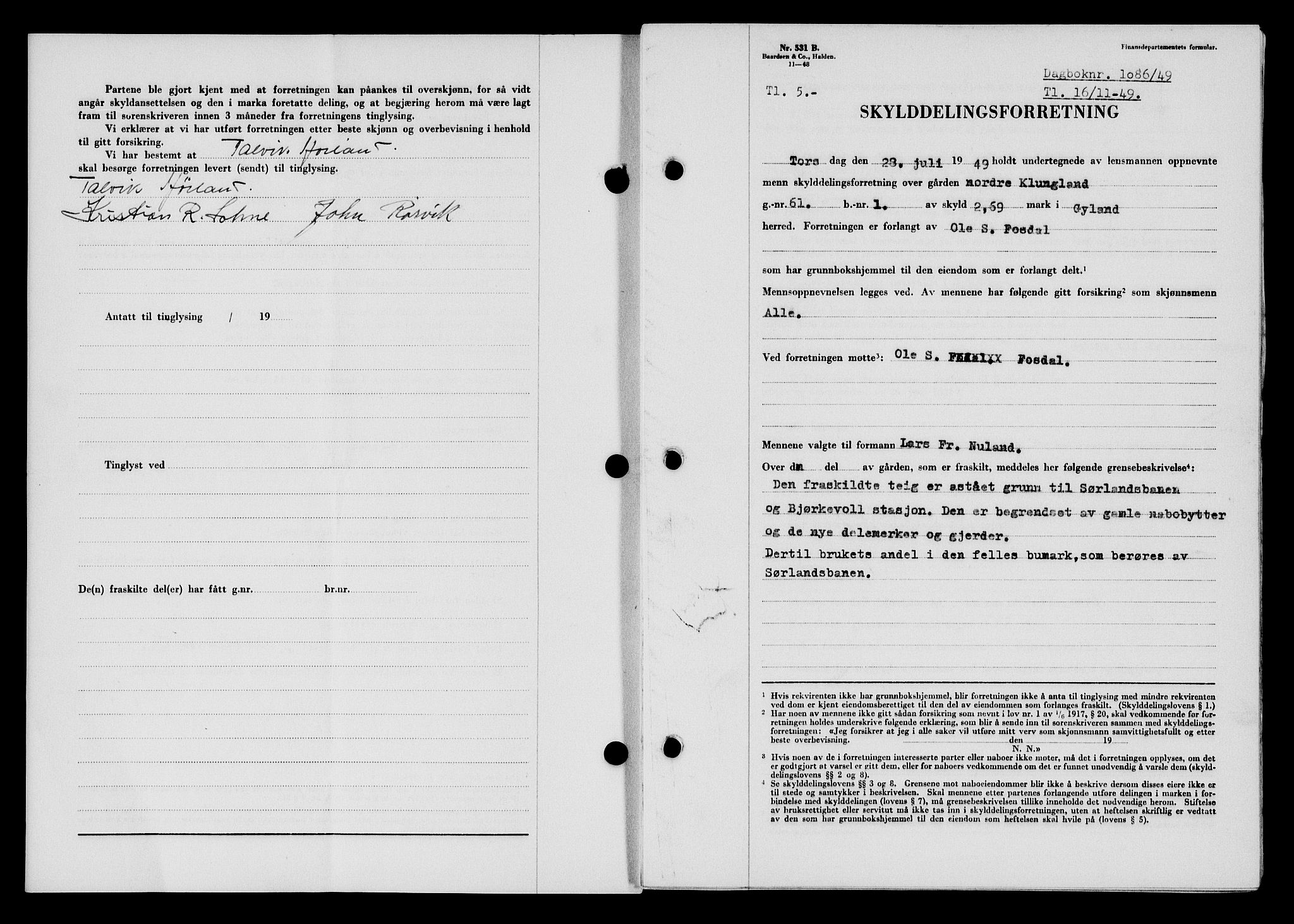 Flekkefjord sorenskriveri, SAK/1221-0001/G/Gb/Gba/L0065: Mortgage book no. A-13, 1949-1949, Diary no: : 1086/1949