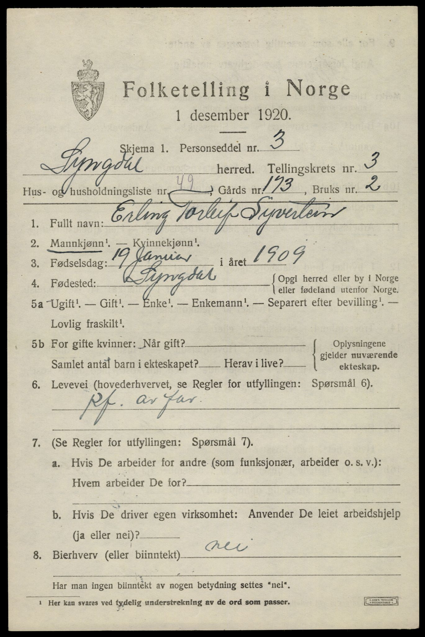 SAK, 1920 census for Lyngdal, 1920, p. 2311