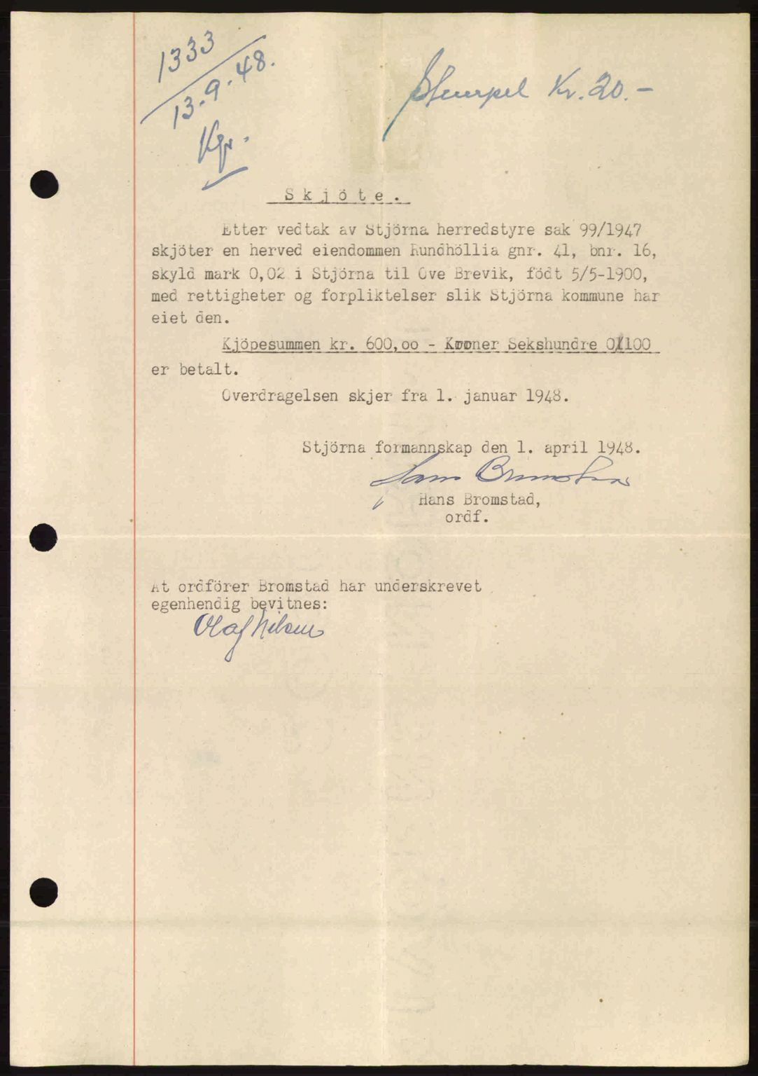 Fosen sorenskriveri, AV/SAT-A-1107/1/2/2C: Mortgage book no. A8, 1948-1948, Diary no: : 1333/1948