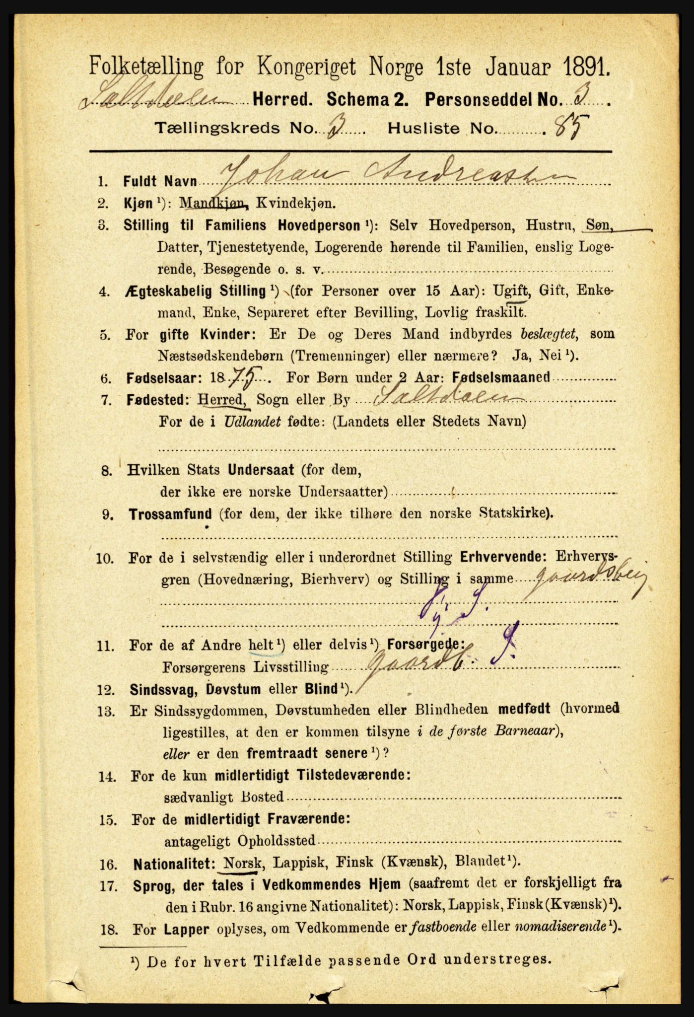 RA, 1891 census for 1840 Saltdal, 1891, p. 2248