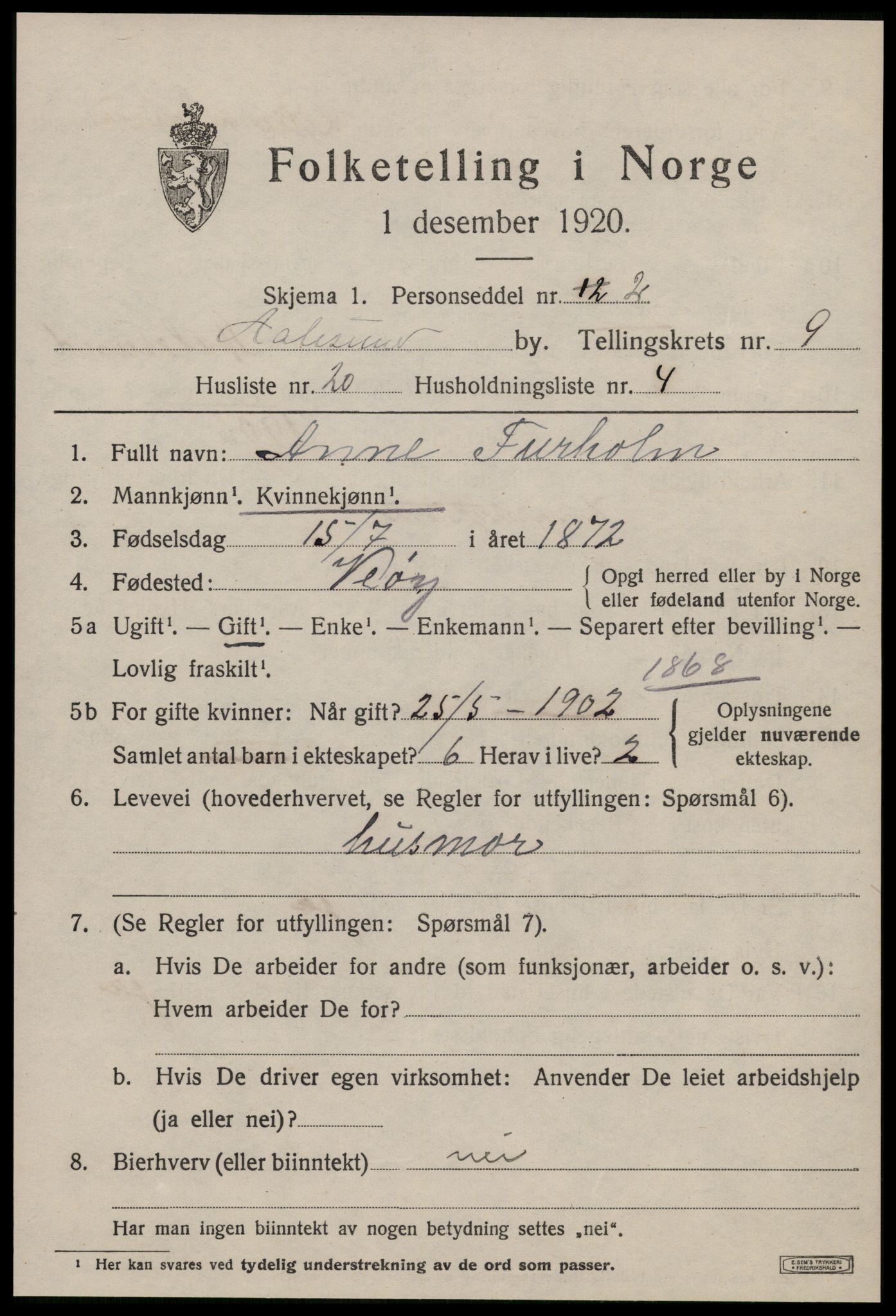 SAT, 1920 census for Ålesund, 1920, p. 23288