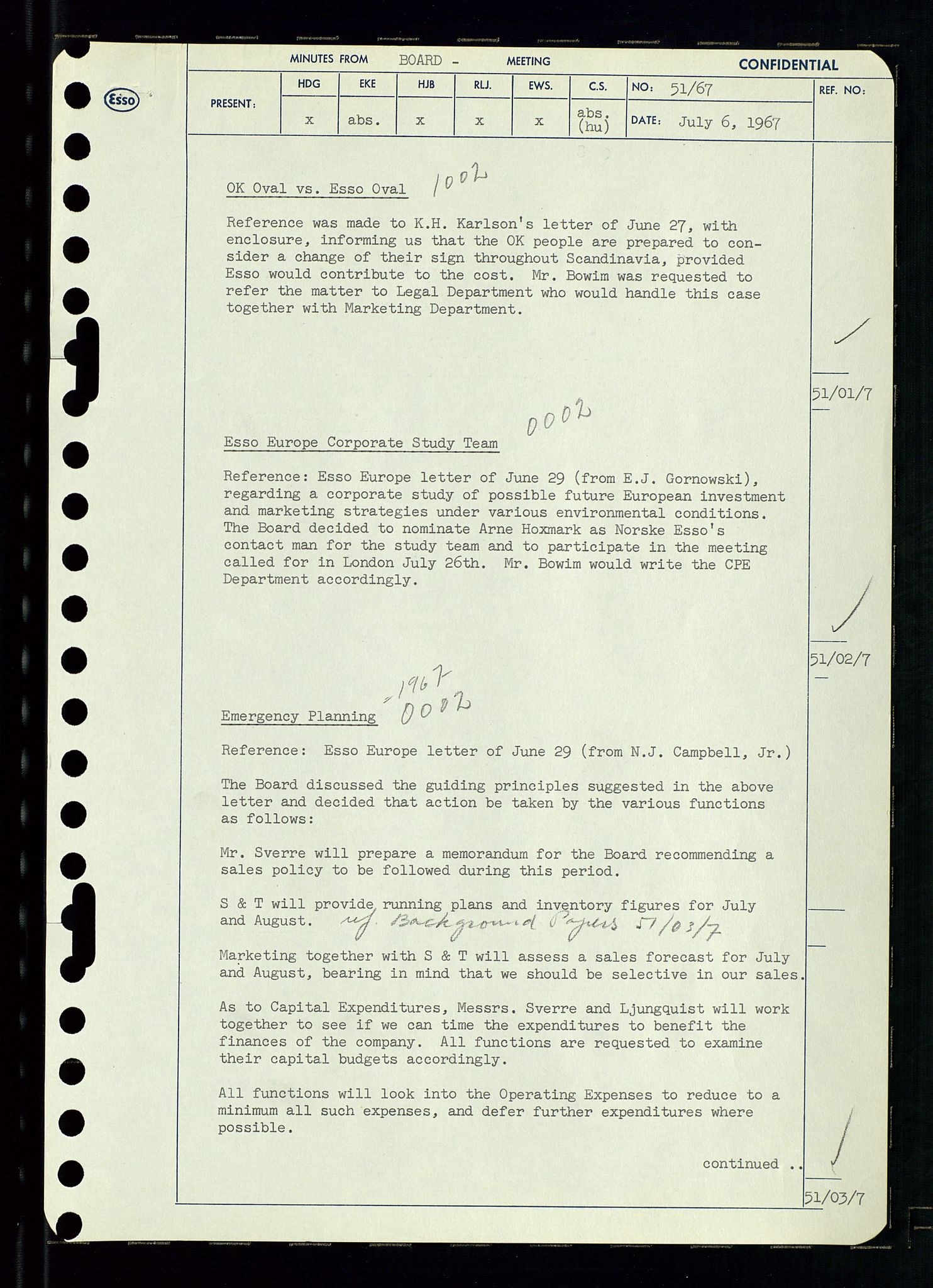 Pa 0982 - Esso Norge A/S, SAST/A-100448/A/Aa/L0002/0003: Den administrerende direksjon Board minutes (styrereferater) / Den administrerende direksjon Board minutes (styrereferater), 1967, p. 101