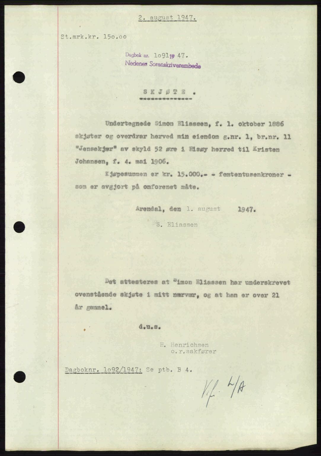 Nedenes sorenskriveri, AV/SAK-1221-0006/G/Gb/Gba/L0057: Mortgage book no. A9, 1947-1947, Diary no: : 1091/1947