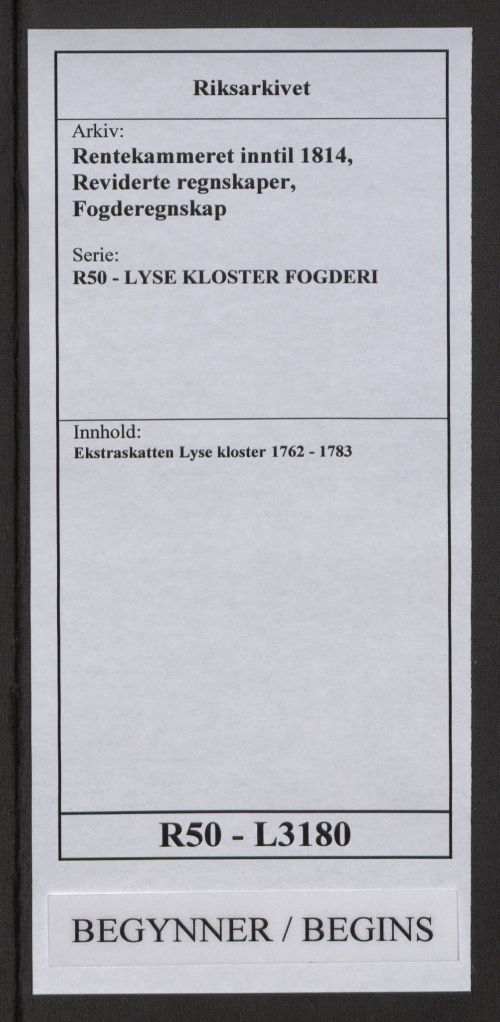 Rentekammeret inntil 1814, Reviderte regnskaper, Fogderegnskap, RA/EA-4092/R50/L3180: Ekstraskatten Lyse kloster, 1762-1783, p. 1