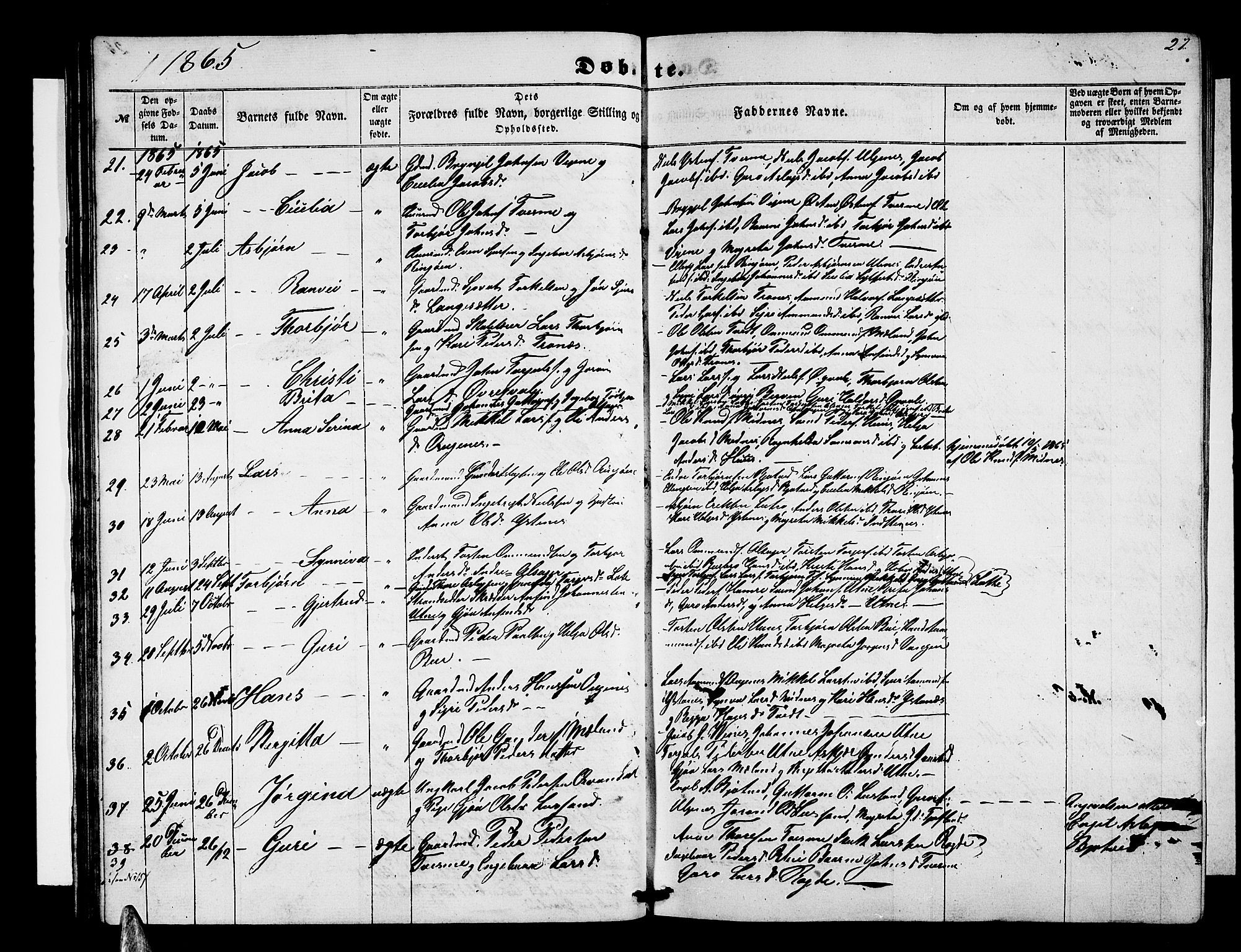 Ullensvang sokneprestembete, SAB/A-78701/H/Hab: Parish register (copy) no. E 6, 1857-1886, p. 27