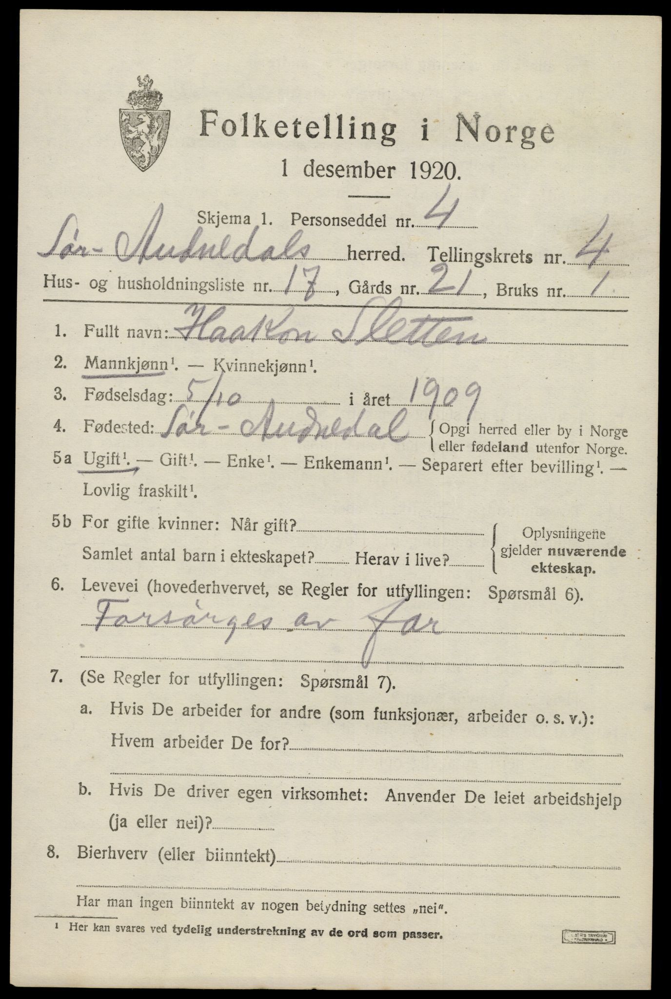 SAK, 1920 census for Sør-Audnedal, 1920, p. 2297