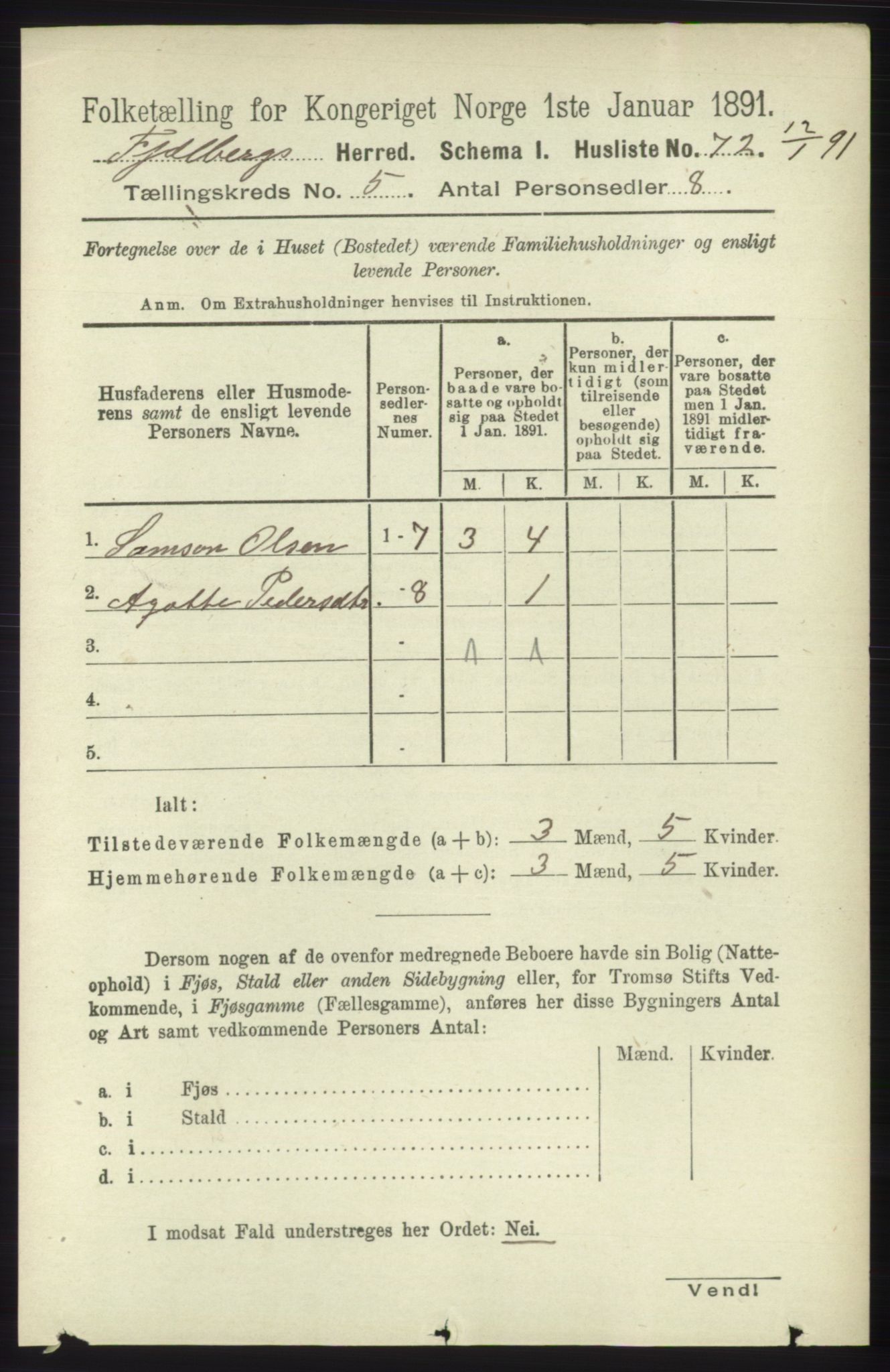 RA, 1891 census for 1213 Fjelberg, 1891, p. 1480