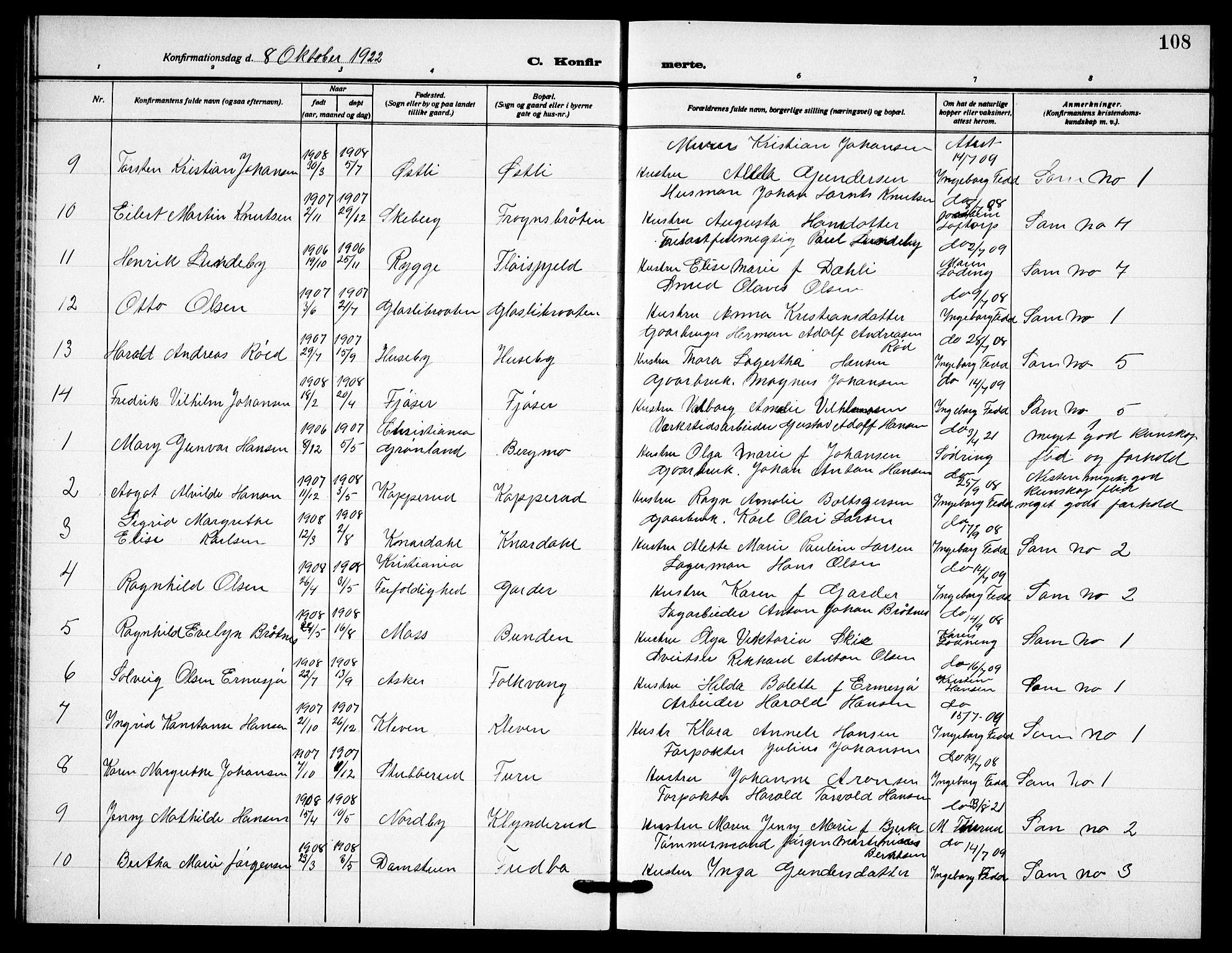 Drøbak prestekontor Kirkebøker, AV/SAO-A-10142a/G/Gb/L0002: Parish register (copy) no. II 2, 1919-1939, p. 108