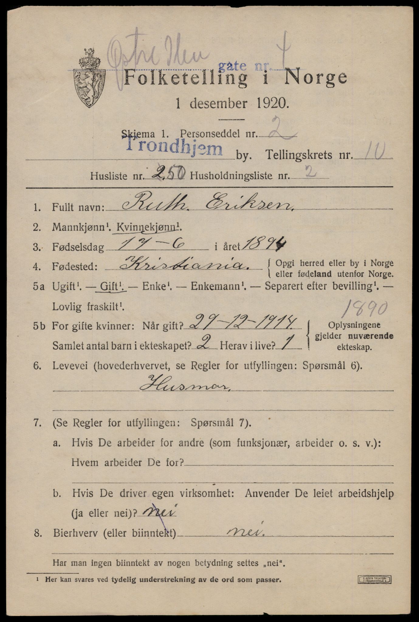 SAT, 1920 census for Trondheim, 1920, p. 46166