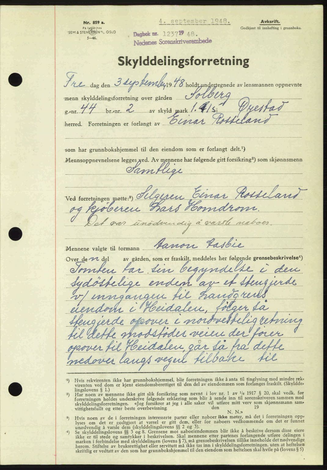 Nedenes sorenskriveri, AV/SAK-1221-0006/G/Gb/Gba/L0059: Mortgage book no. A11, 1948-1948, Diary no: : 1237/1948