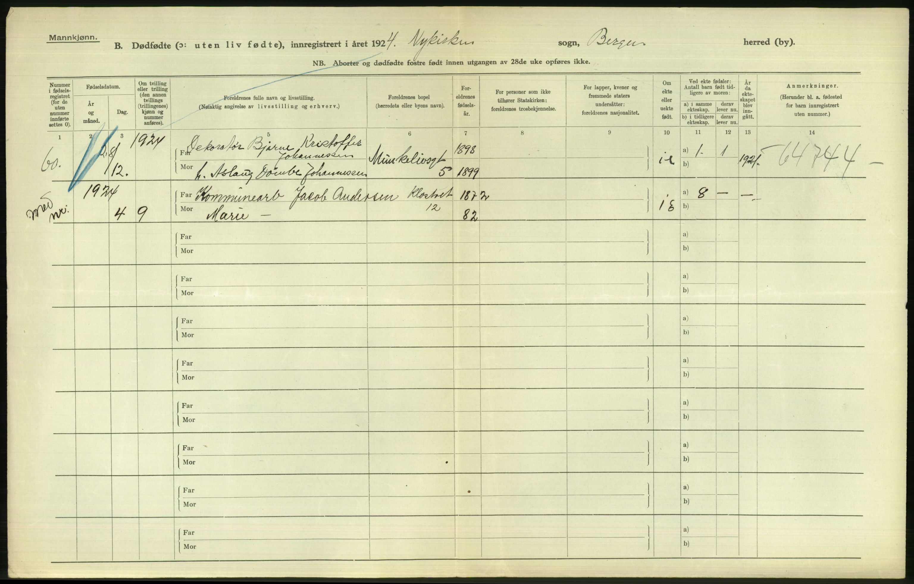 Statistisk sentralbyrå, Sosiodemografiske emner, Befolkning, AV/RA-S-2228/D/Df/Dfc/Dfcd/L0027: Bergen: Levendefødte menn og kvinner, dødfødte., 1924, p. 690