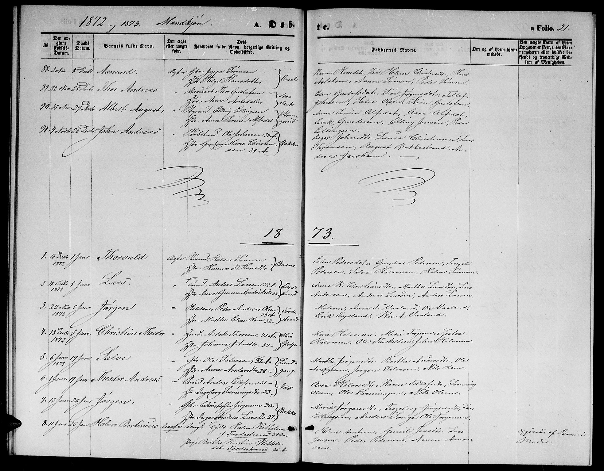 Holt sokneprestkontor, AV/SAK-1111-0021/F/Fb/L0009: Parish register (copy) no. B 9, 1871-1883, p. 21