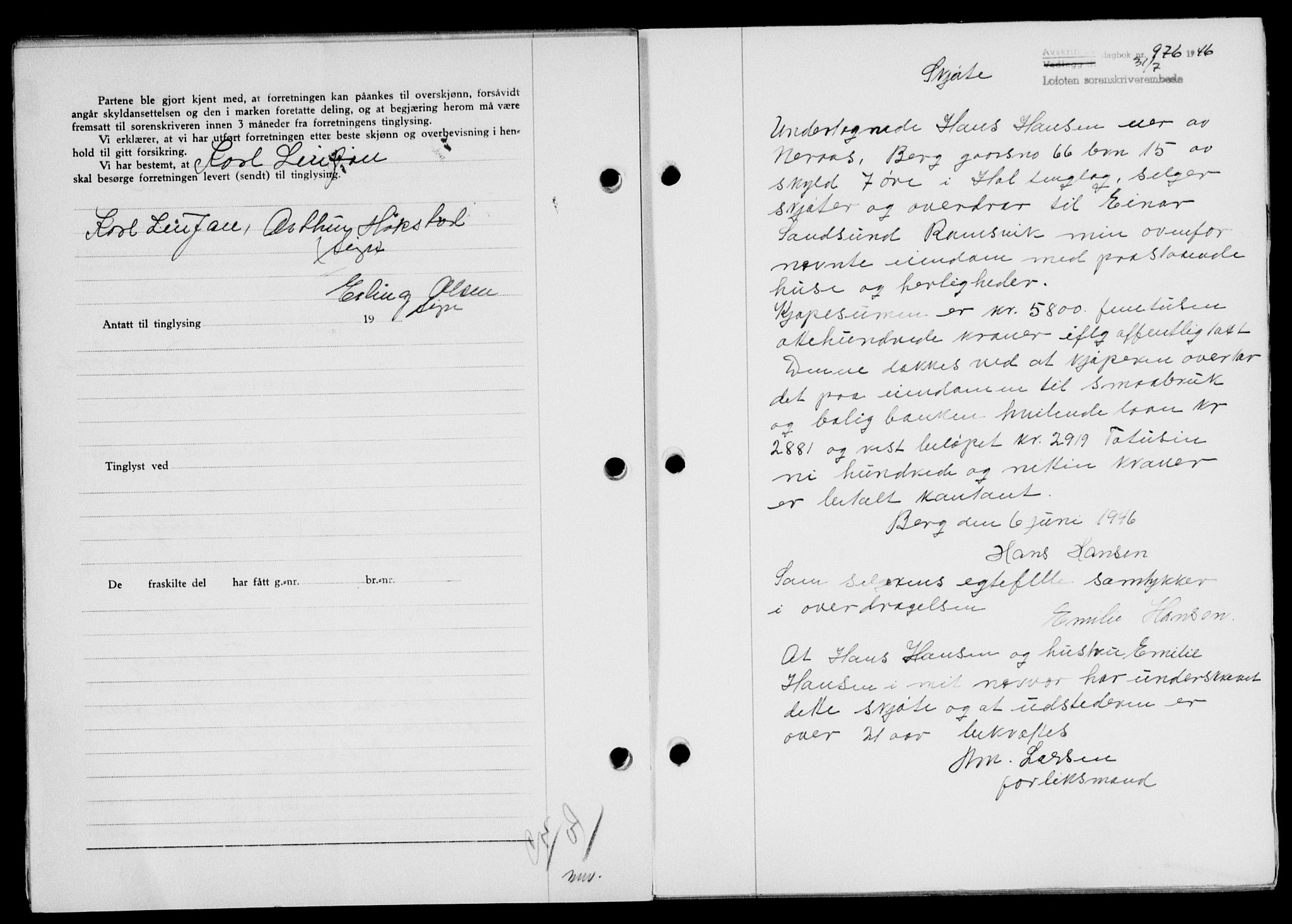 Lofoten sorenskriveri, SAT/A-0017/1/2/2C/L0014a: Mortgage book no. 14a, 1946-1946, Diary no: : 976/1946