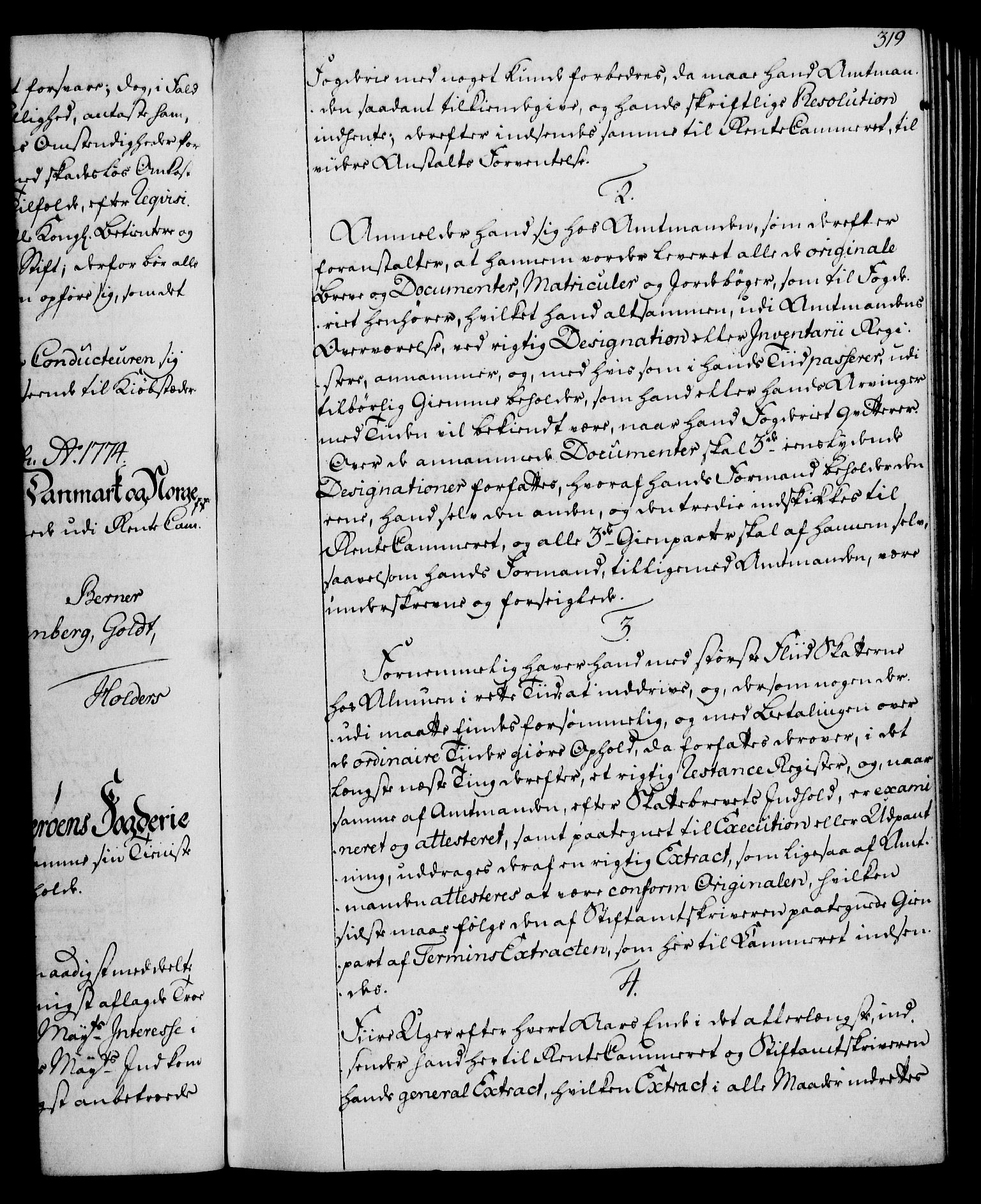 Rentekammeret, Kammerkanselliet, RA/EA-3111/G/Gg/Ggi/L0003: Norsk instruksjonsprotokoll med register (merket RK 53.36), 1751-1775, p. 319