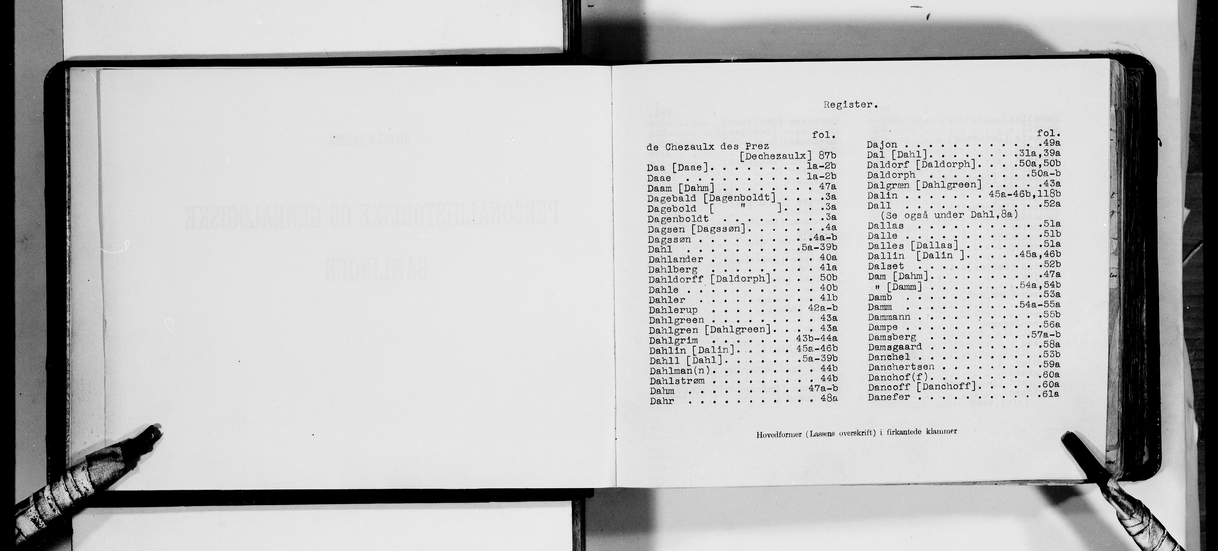 Lassens samlinger, AV/RA-PA-0051/F/Fa/L0011: Personalhistoriske og genealogiske opptegnelser: Daa - Døvle, 1500-1907