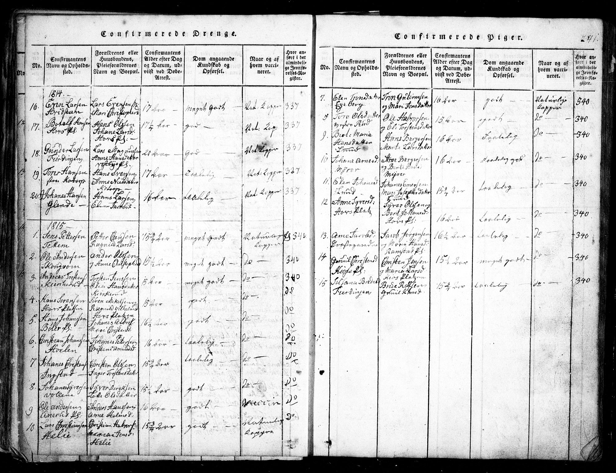 Spydeberg prestekontor Kirkebøker, AV/SAO-A-10924/G/Ga/L0001: Parish register (copy) no. I 1, 1814-1868, p. 241