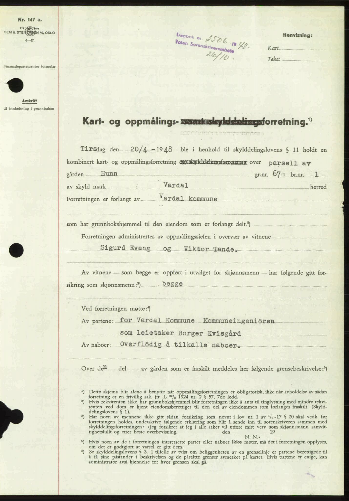 Toten tingrett, SAH/TING-006/H/Hb/Hbc/L0020: Mortgage book no. Hbc-20, 1948-1948, Diary no: : 3506/1948