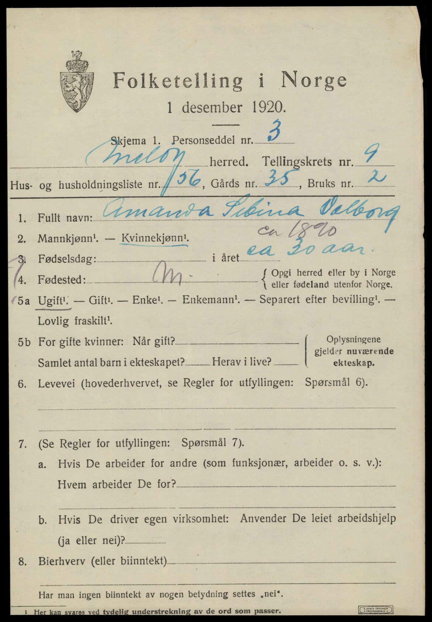 SAT, 1920 census for Meløy, 1920, p. 5159