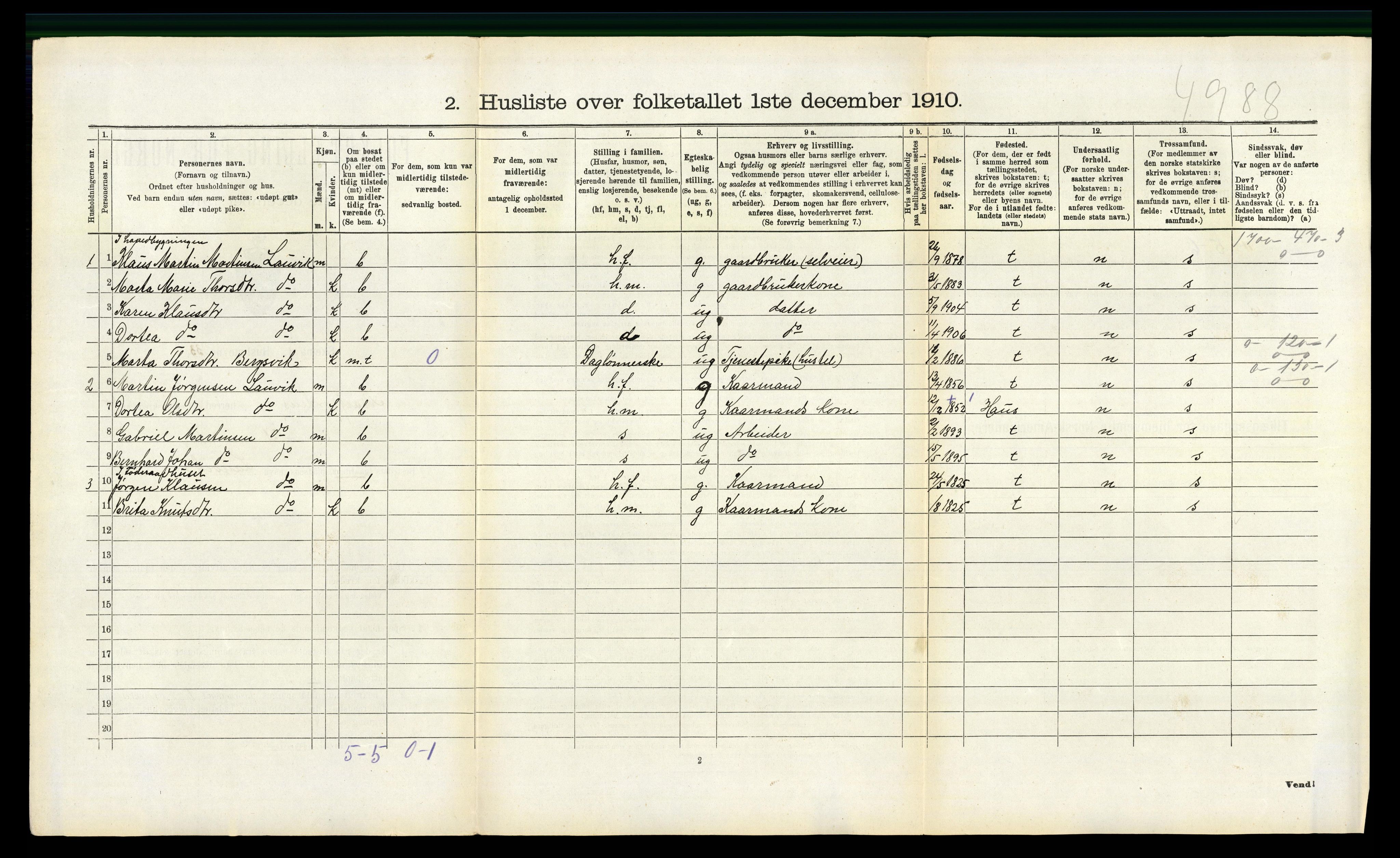 RA, 1910 census for Masfjorden, 1910, p. 315