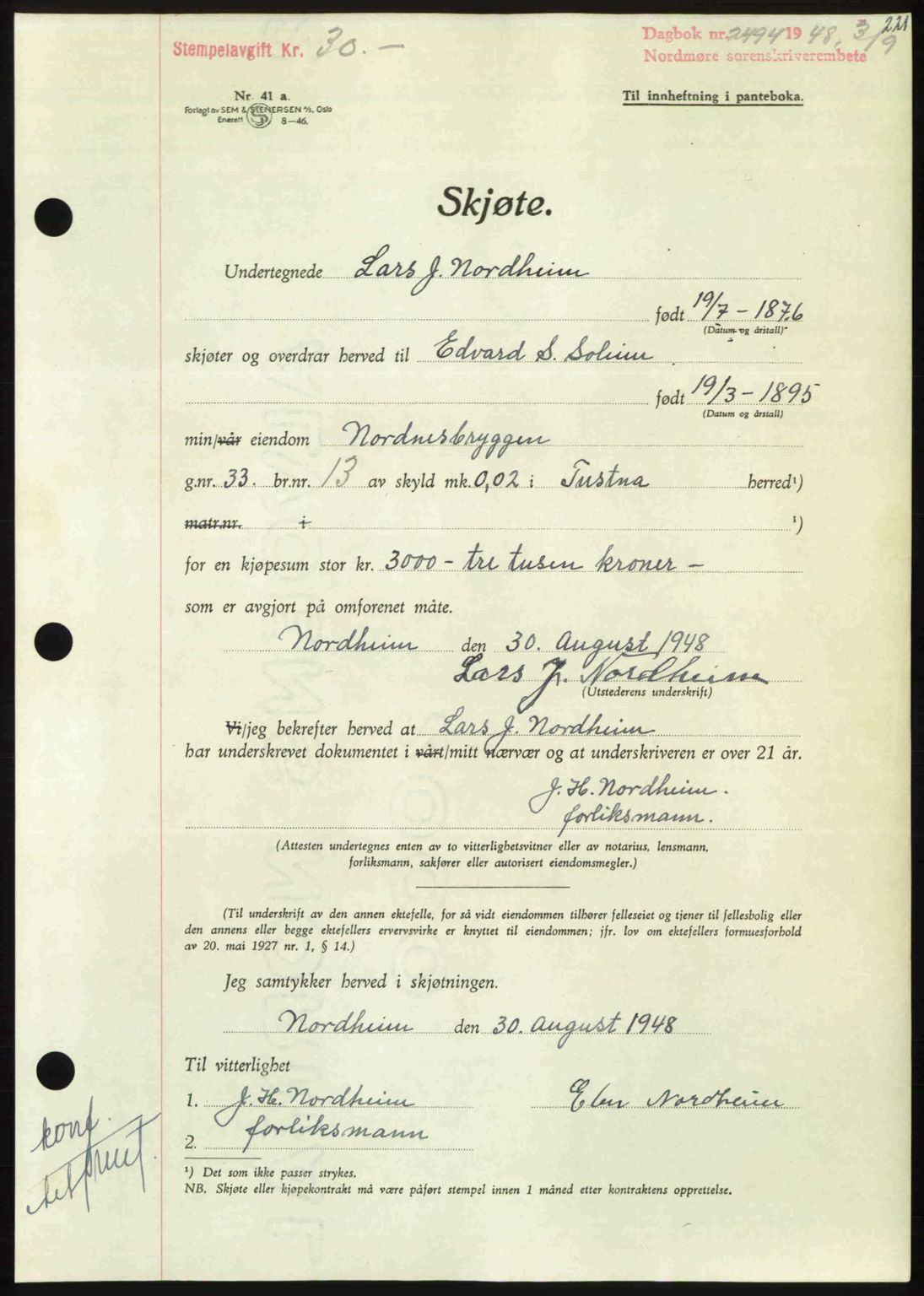 Nordmøre sorenskriveri, AV/SAT-A-4132/1/2/2Ca: Mortgage book no. A109, 1948-1948, Diary no: : 2494/1948