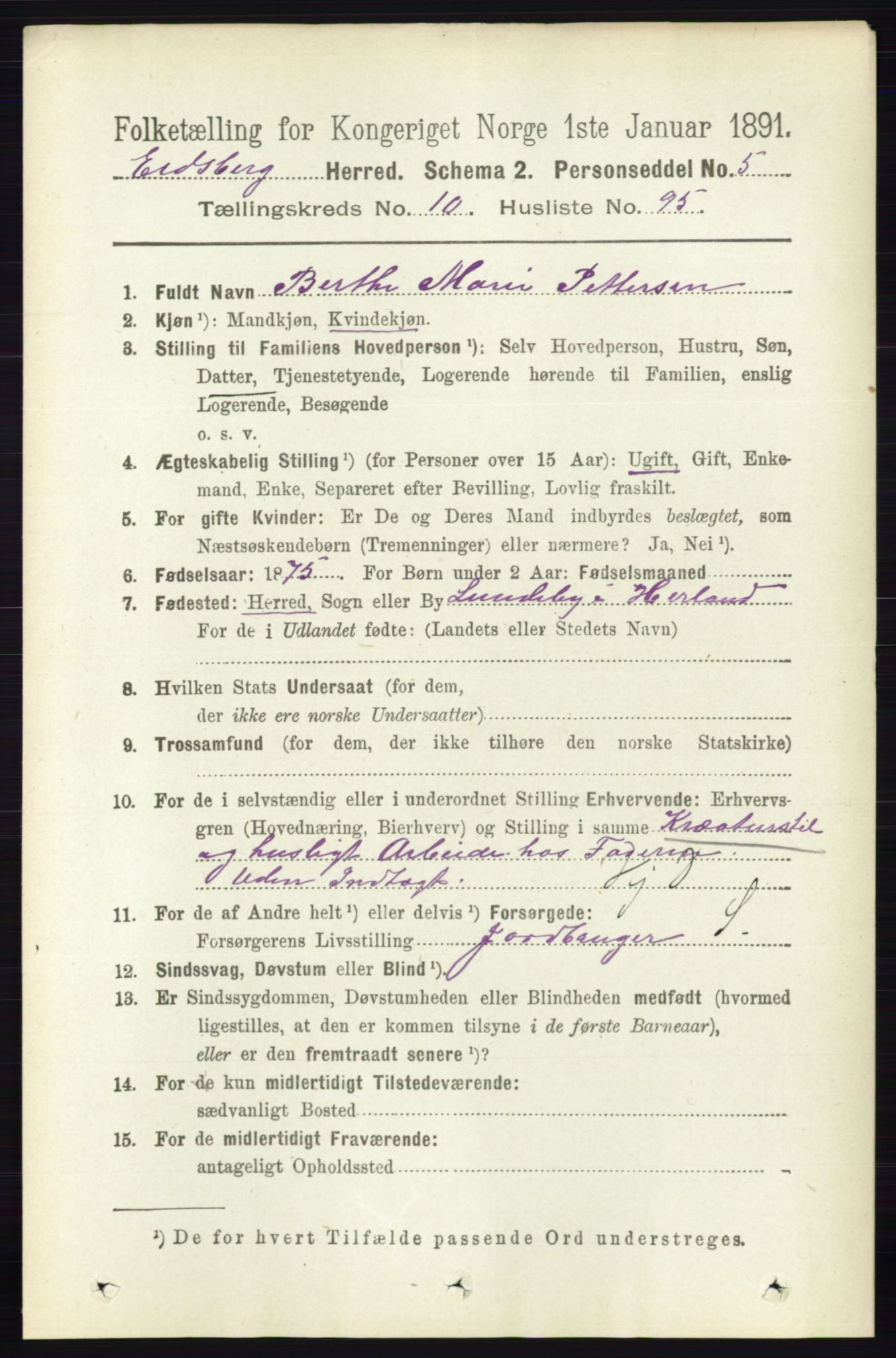 RA, 1891 census for 0125 Eidsberg, 1891, p. 6166