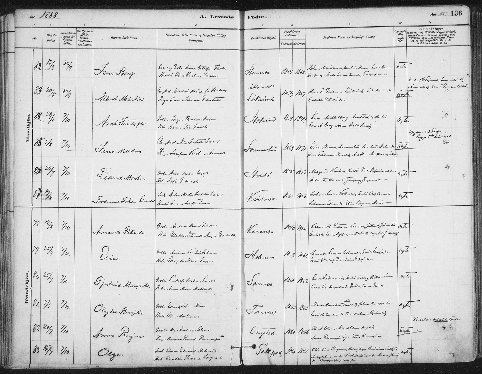 Ministerialprotokoller, klokkerbøker og fødselsregistre - Nordland, AV/SAT-A-1459/888/L1244: Parish register (official) no. 888A10, 1880-1890, p. 136