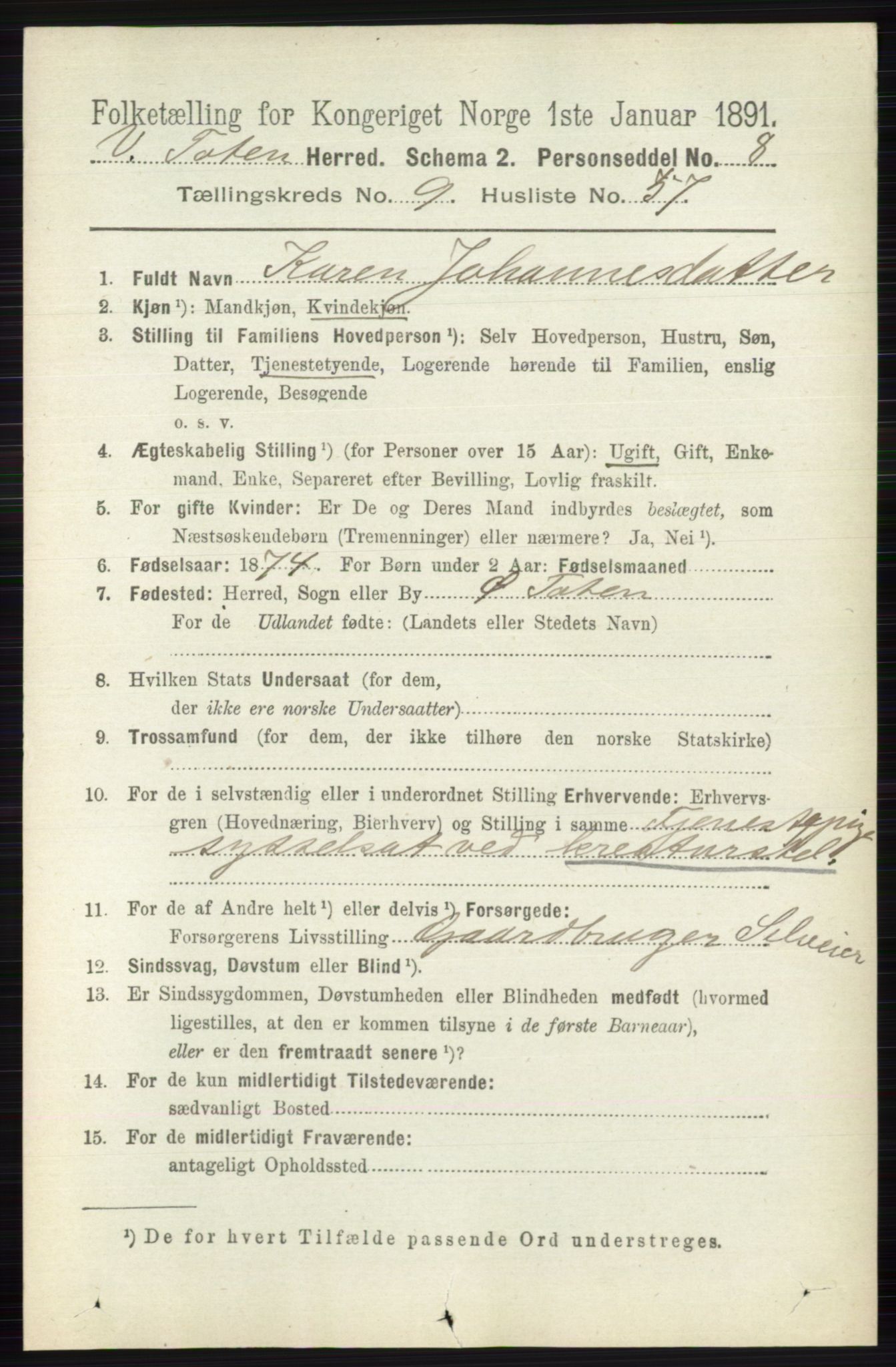 RA, 1891 census for 0529 Vestre Toten, 1891, p. 5913