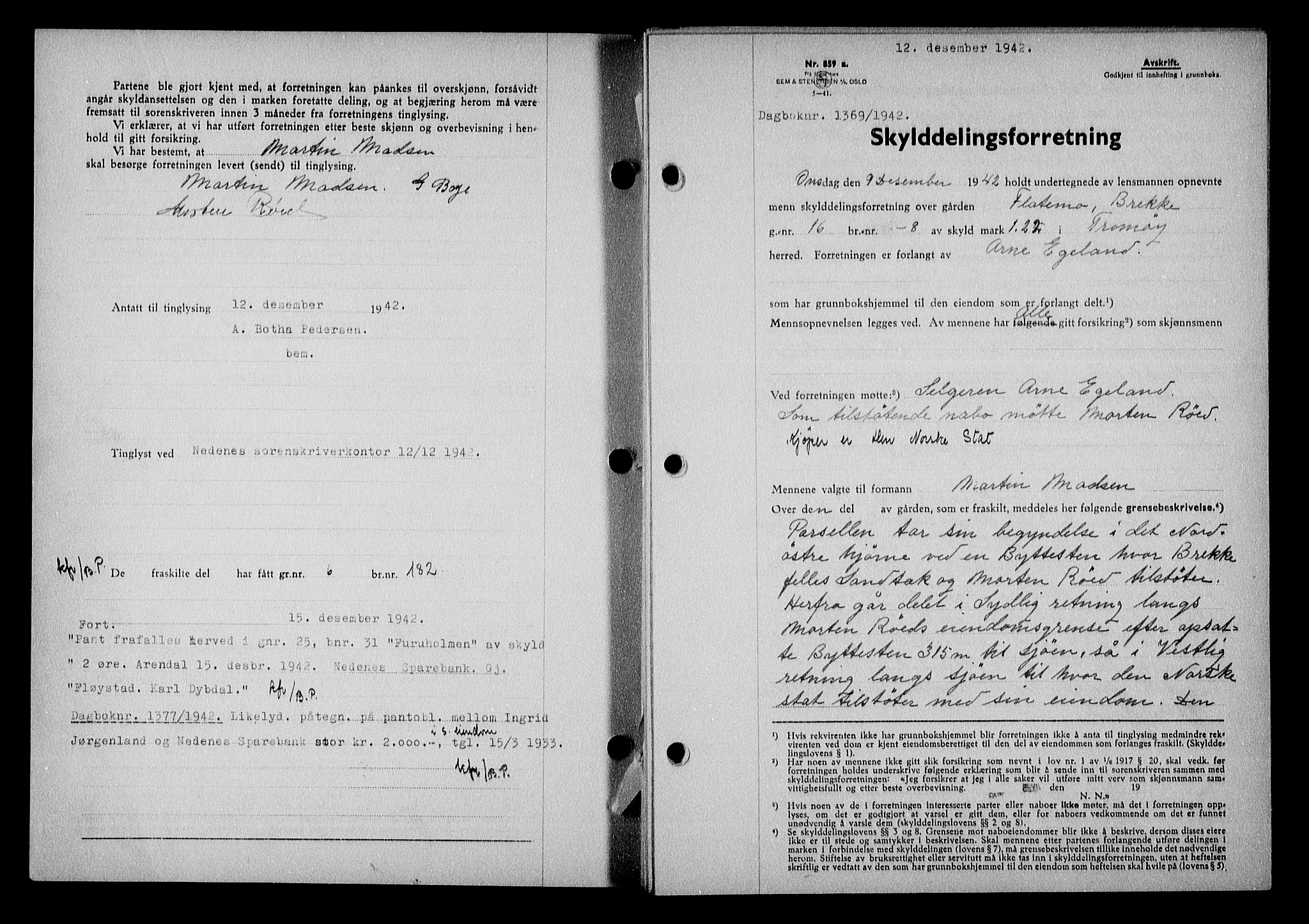 Nedenes sorenskriveri, SAK/1221-0006/G/Gb/Gba/L0050: Mortgage book no. A-IV, 1942-1943, Diary no: : 1369/1942