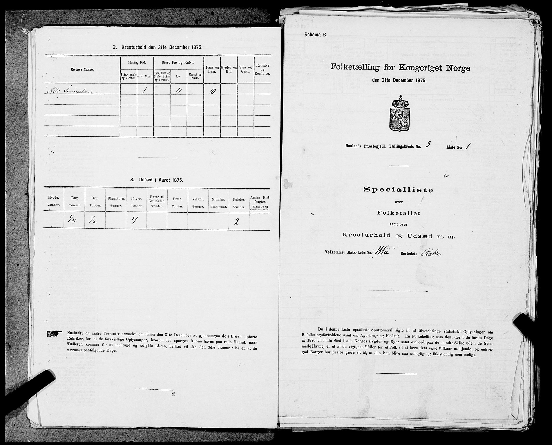 SAST, 1875 census for 1124P Håland, 1875, p. 385